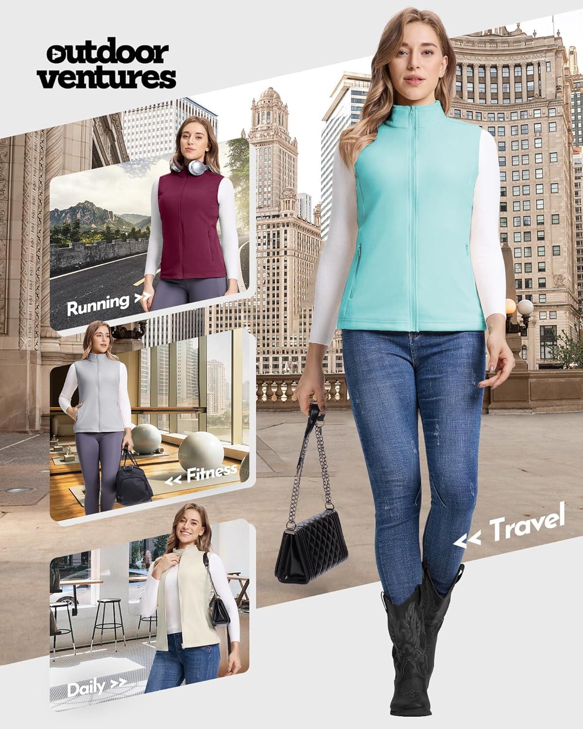 Outdoor Ventures Women’s Fleece Vest, Zip Up Lightweight Soft Running Vest Outerwear Sleeveless with Pockets(Mint Green)