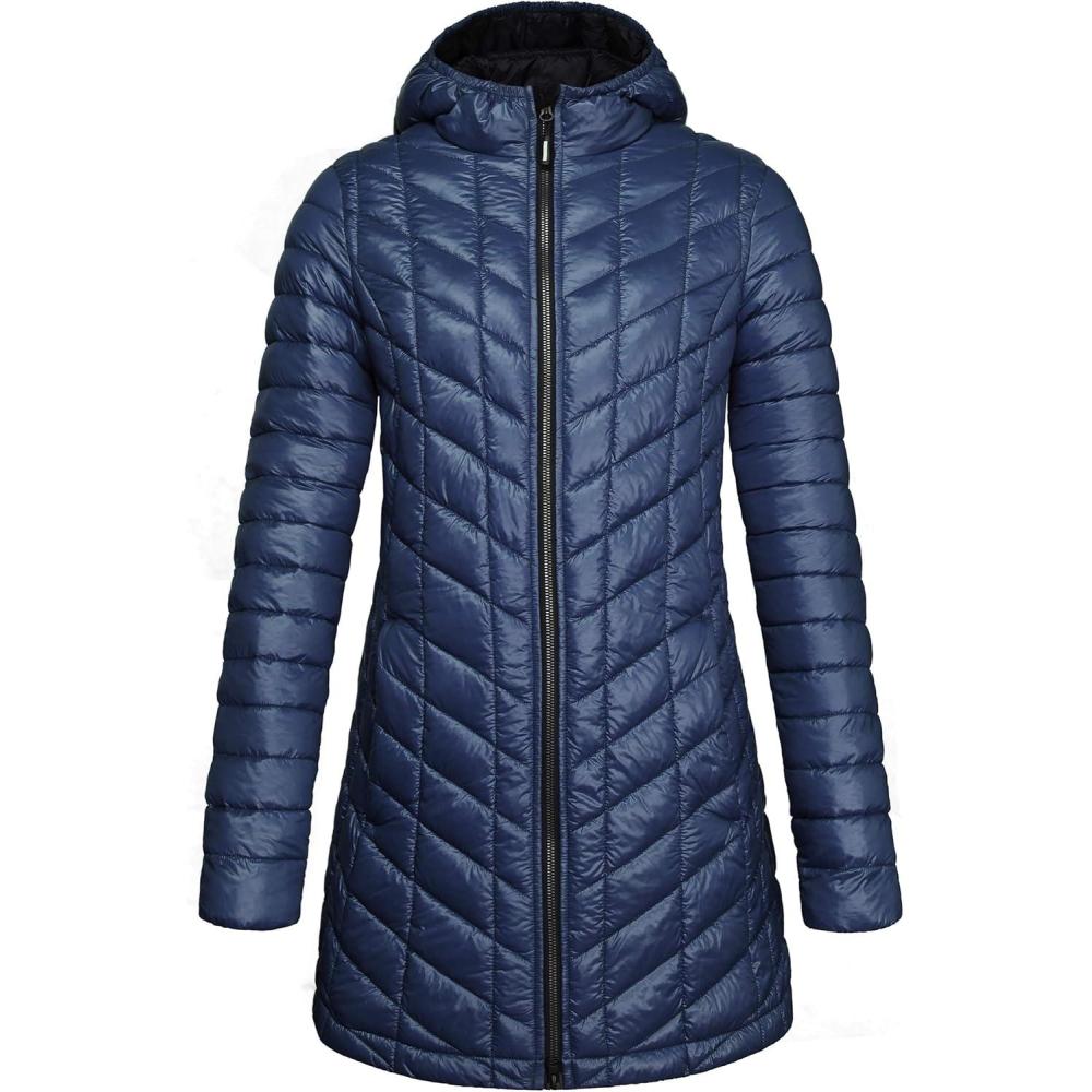Outdoor Ventures Women’s Maryan Hooded Ultra Lightweight Warm Thermolite Long Puffer Coat(Deep Blue(shiny)-avg.32″ Mid Length)