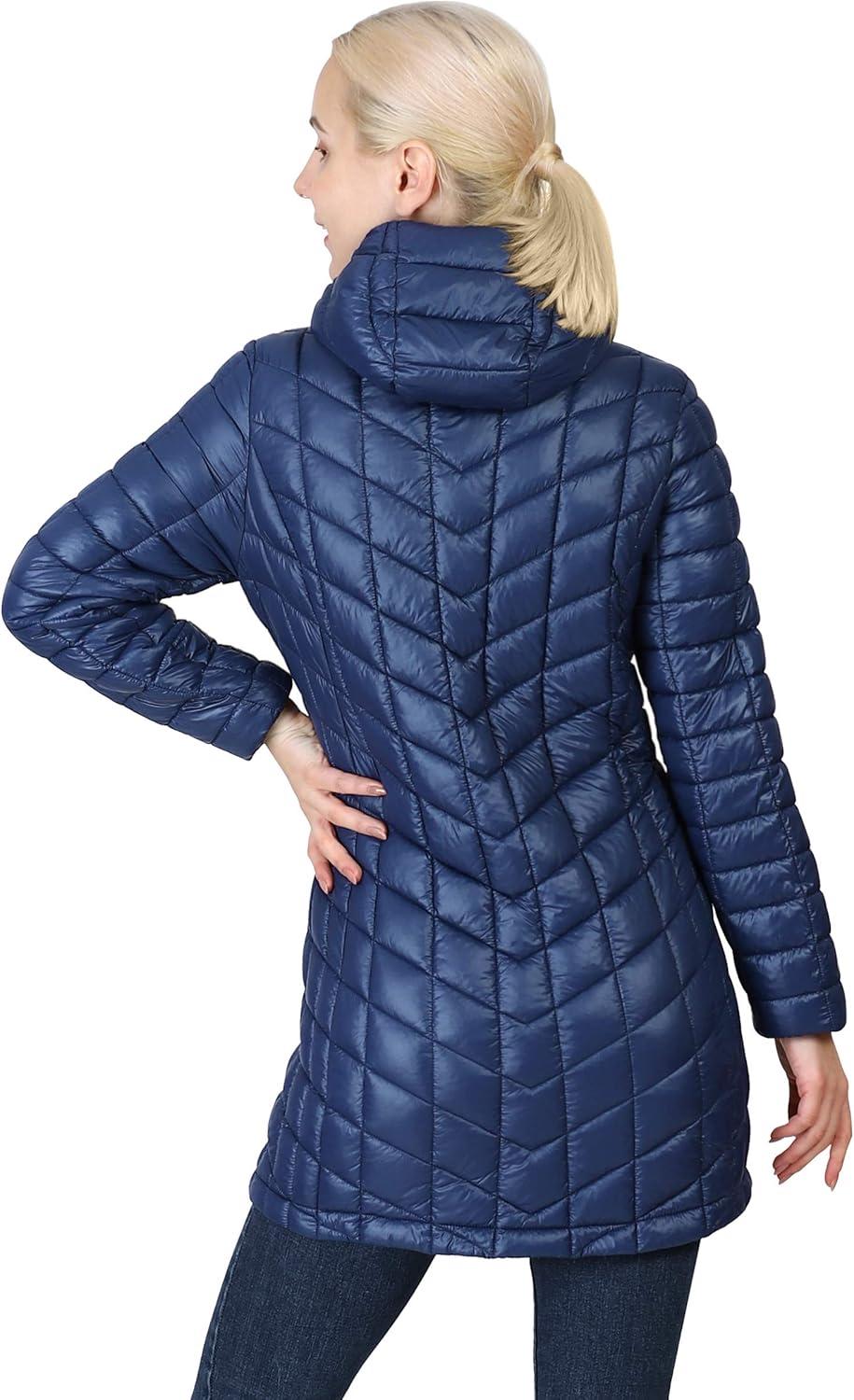 Outdoor Ventures Women’s Maryan Hooded Ultra Lightweight Warm Thermolite Long Puffer Coat(Deep Blue(shiny)-avg.32″ Mid Length)