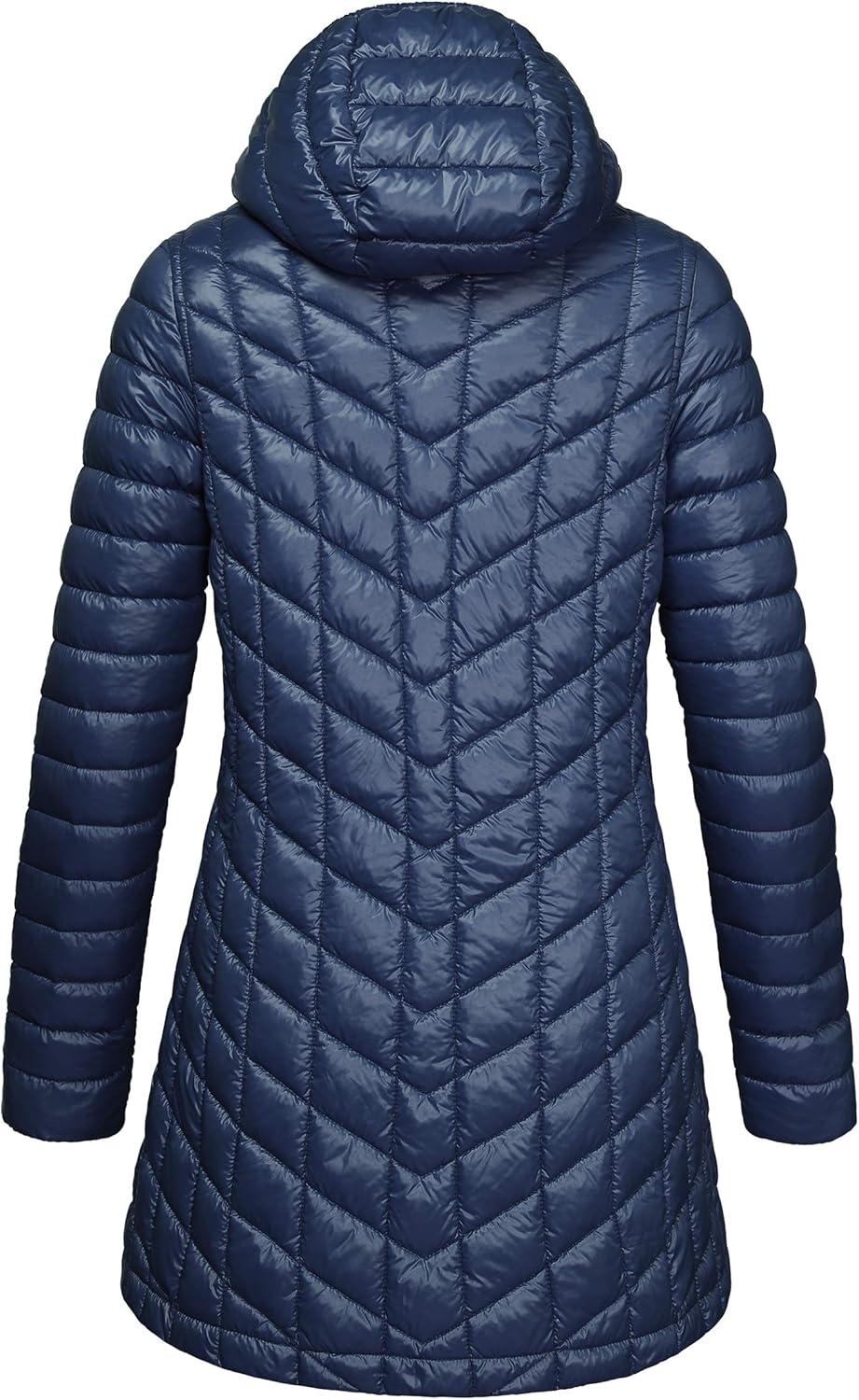 Outdoor Ventures Women’s Maryan Hooded Ultra Lightweight Warm Thermolite Long Puffer Coat(Deep Blue(shiny)-avg.32″ Mid Length)