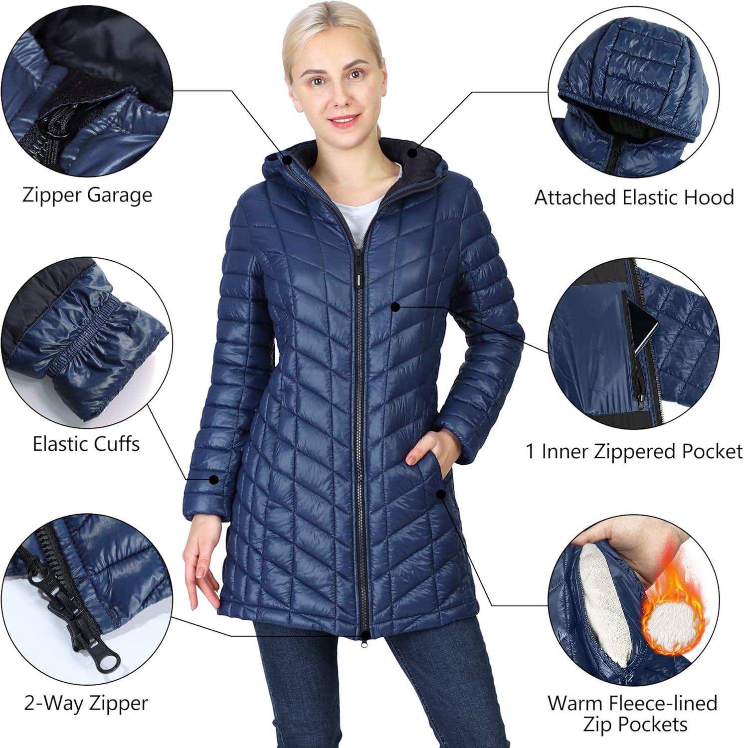 Outdoor Ventures Women’s Maryan Hooded Ultra Lightweight Warm Thermolite Long Puffer Coat(Deep Blue(shiny)-avg.32″ Mid Length)