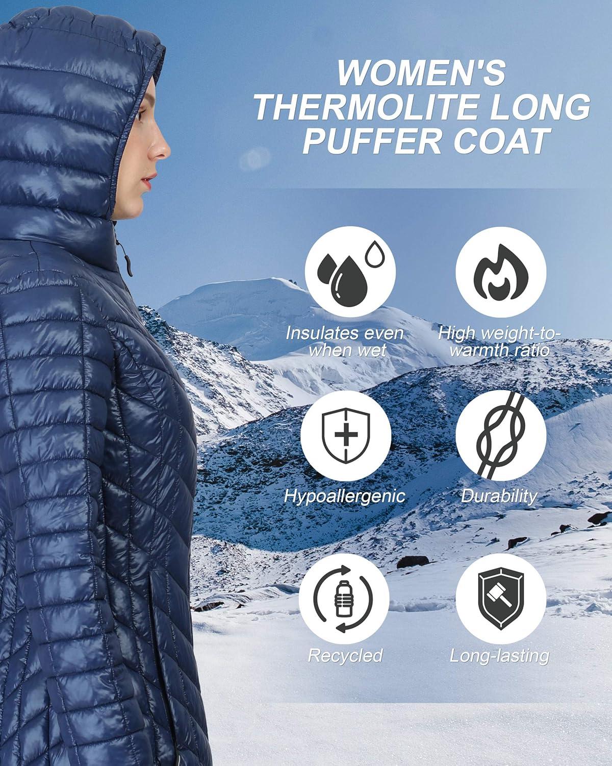 Outdoor Ventures Women’s Maryan Hooded Ultra Lightweight Warm Thermolite Long Puffer Coat(Deep Blue(shiny)-avg.32″ Mid Length)