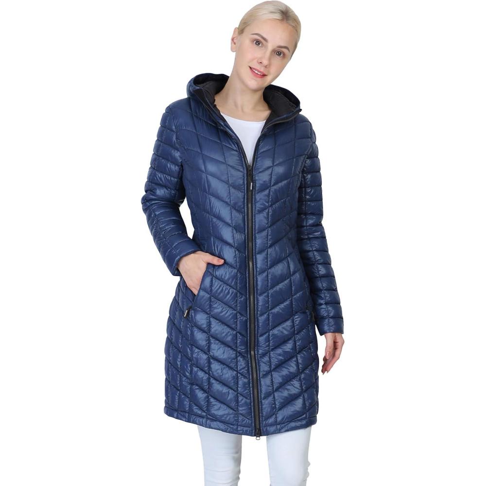 Outdoor Ventures Women’s Maryan Hooded Ultra Lightweight Warm Thermolite Long Puffer Coat((True to Size. Order Usual Size) Ink Blue(shiny)-avg.36″ Long Length)