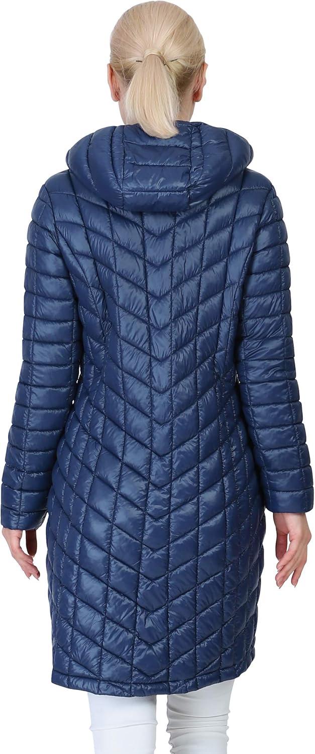 Outdoor Ventures Women’s Maryan Hooded Ultra Lightweight Warm Thermolite Long Puffer Coat((True to Size. Order Usual Size) Ink Blue(shiny)-avg.36″ Long Length)