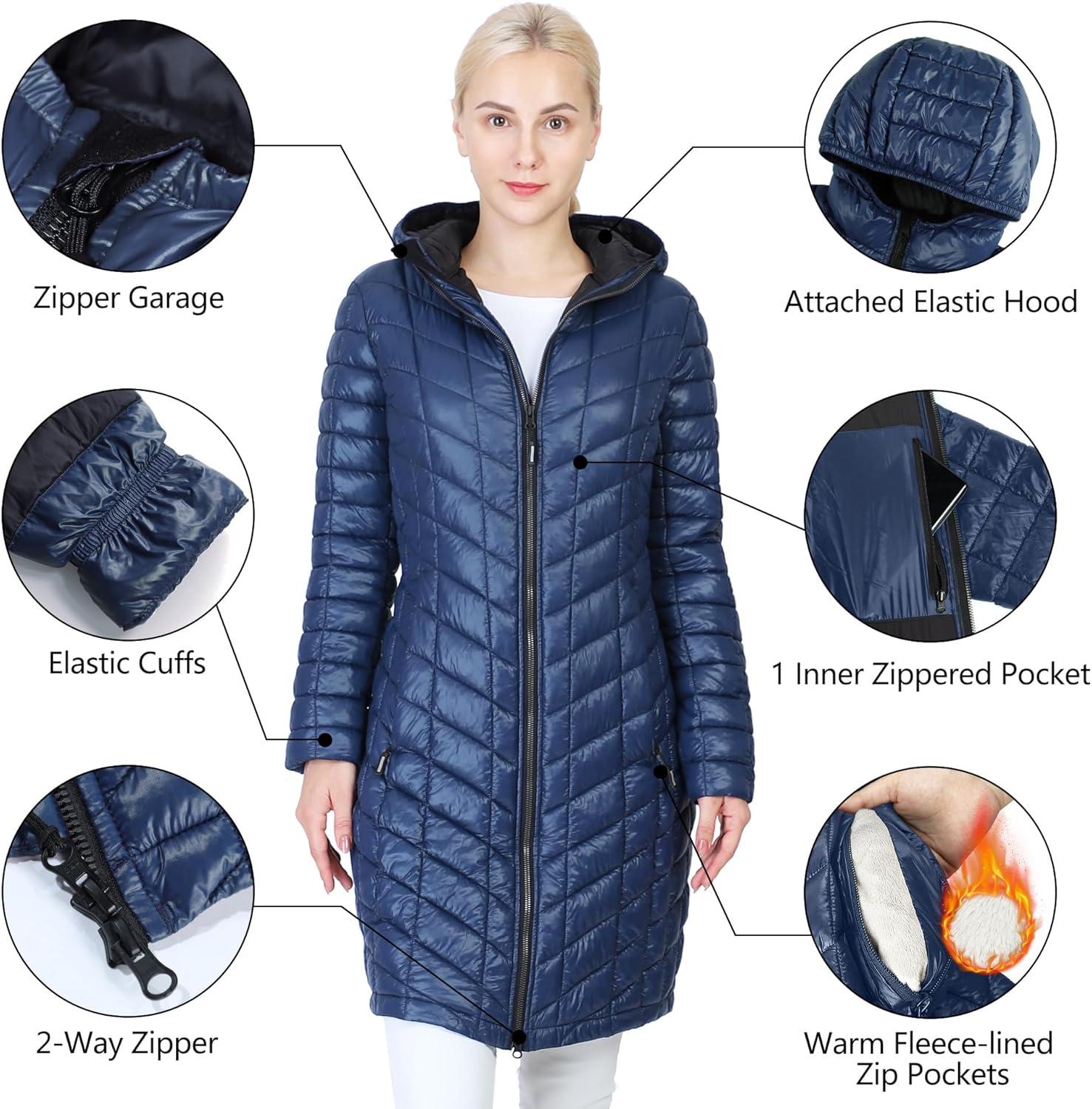 Outdoor Ventures Women’s Maryan Hooded Ultra Lightweight Warm Thermolite Long Puffer Coat((True to Size. Order Usual Size) Ink Blue(shiny)-avg.36″ Long Length)