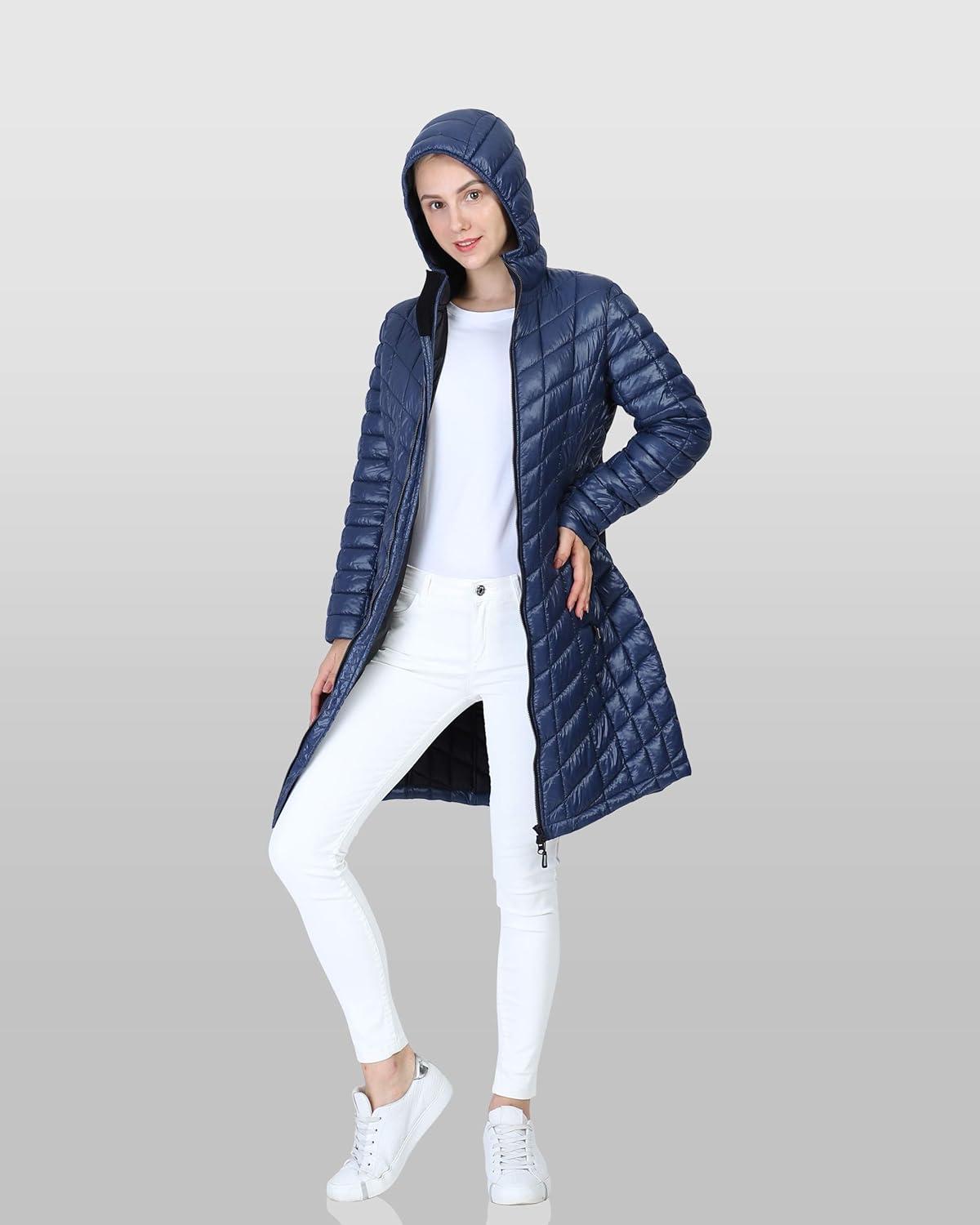 Outdoor Ventures Women’s Maryan Hooded Ultra Lightweight Warm Thermolite Long Puffer Coat((True to Size. Order Usual Size) Ink Blue(shiny)-avg.36″ Long Length)