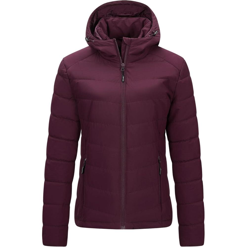 Outdoor Ventures Women’s Hooded Puffer Jacket Waterproof Lightweight Full-Zip Warm Quilted Winter Coat(Wine)