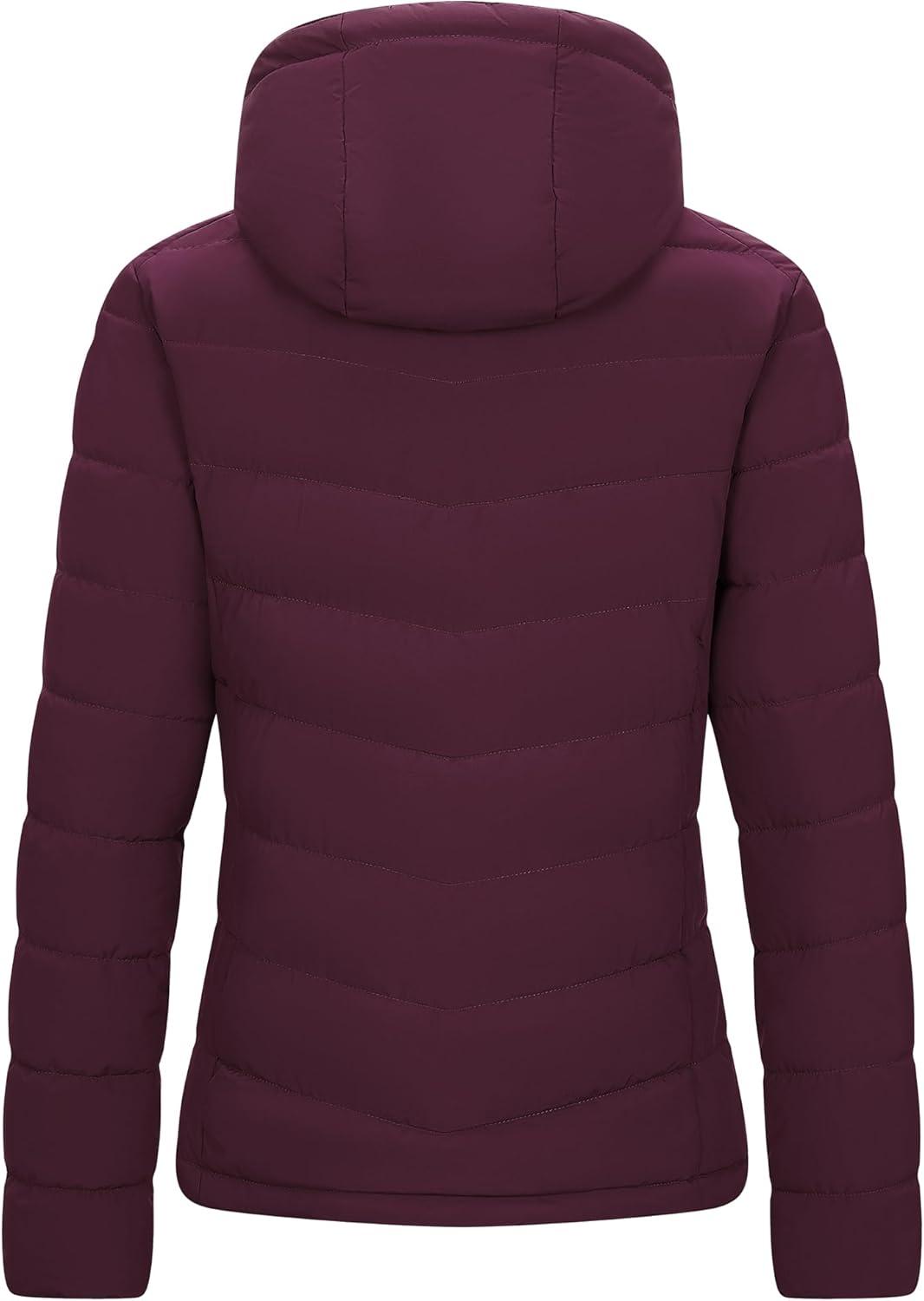 Outdoor Ventures Women’s Hooded Puffer Jacket Waterproof Lightweight Full-Zip Warm Quilted Winter Coat(Wine)