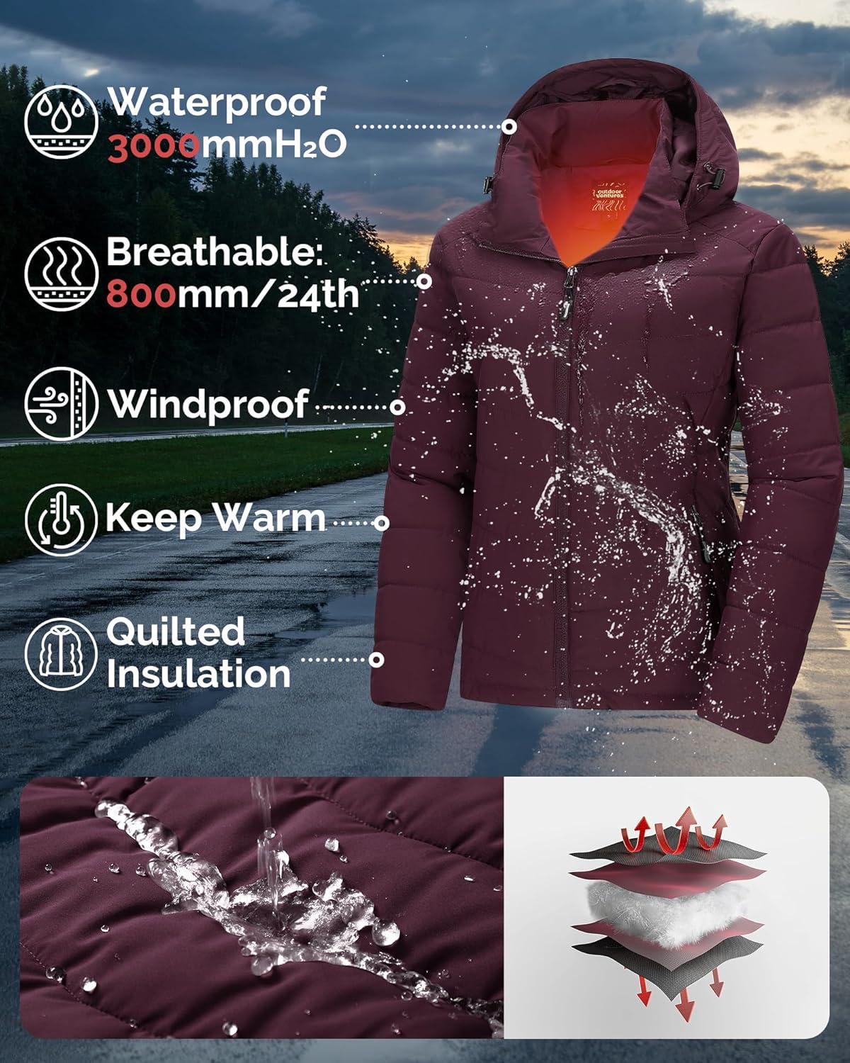 Outdoor Ventures Women’s Hooded Puffer Jacket Waterproof Lightweight Full-Zip Warm Quilted Winter Coat(Wine)