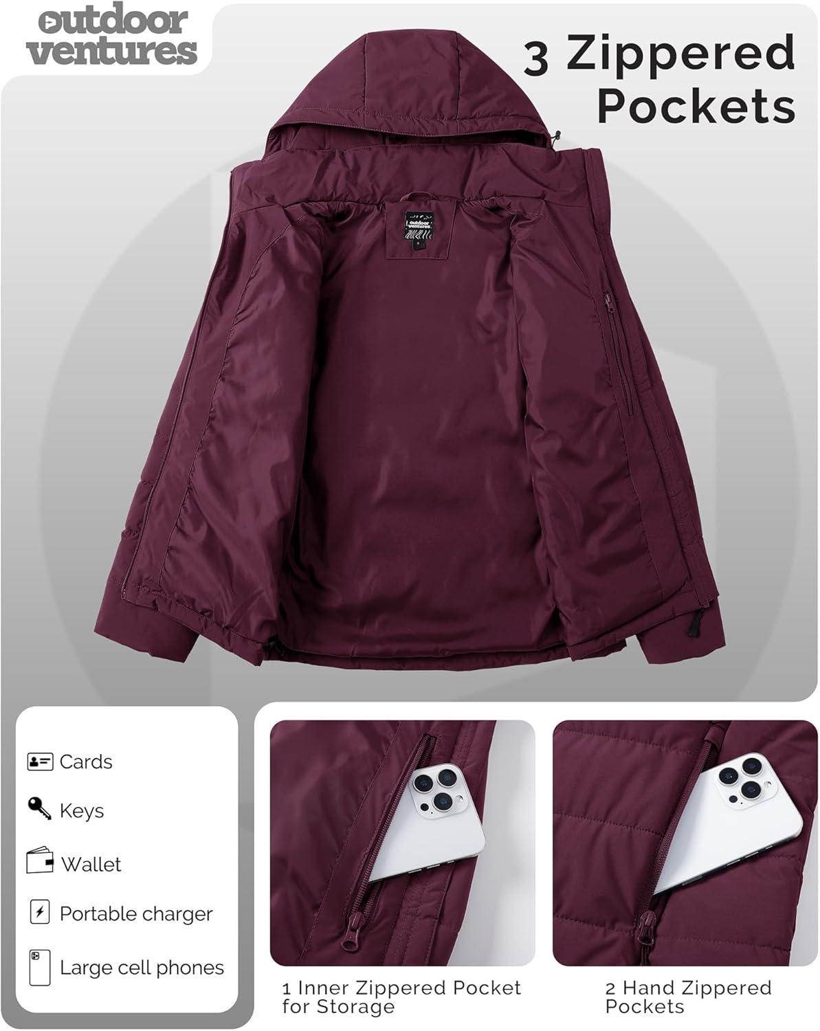 Outdoor Ventures Women’s Hooded Puffer Jacket Waterproof Lightweight Full-Zip Warm Quilted Winter Coat(Wine)