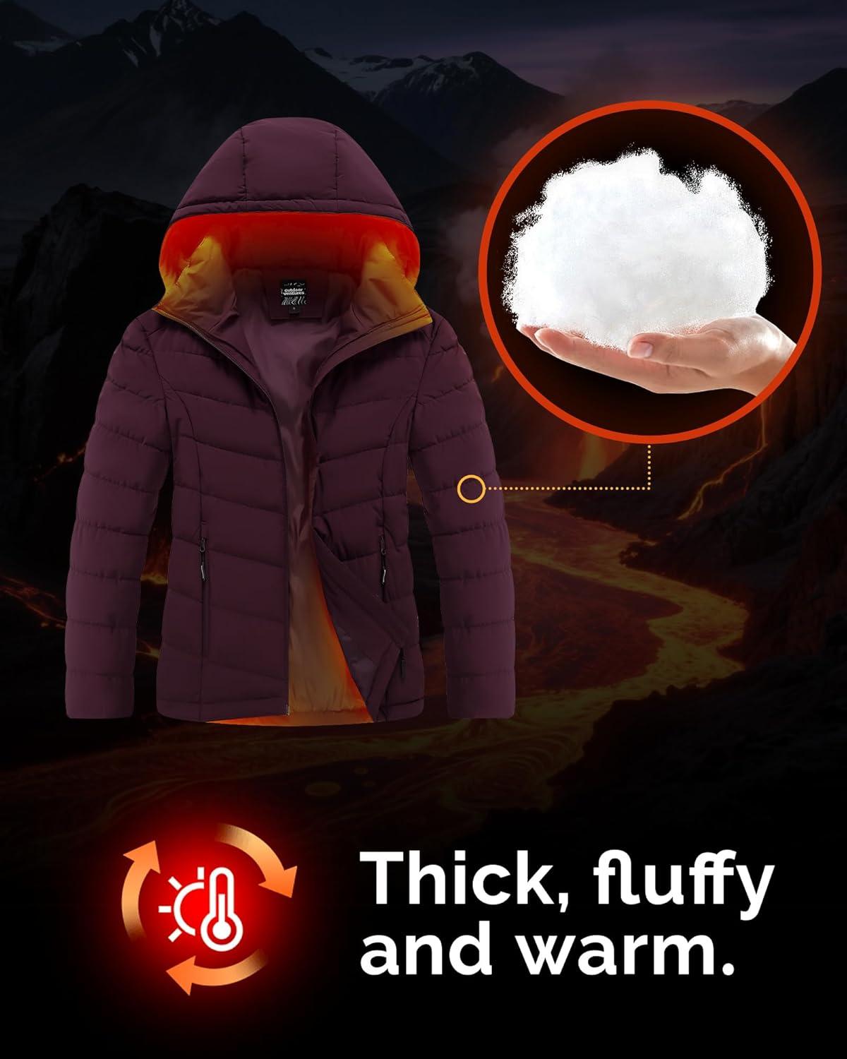 Outdoor Ventures Women’s Hooded Puffer Jacket Waterproof Lightweight Full-Zip Warm Quilted Winter Coat(Wine)
