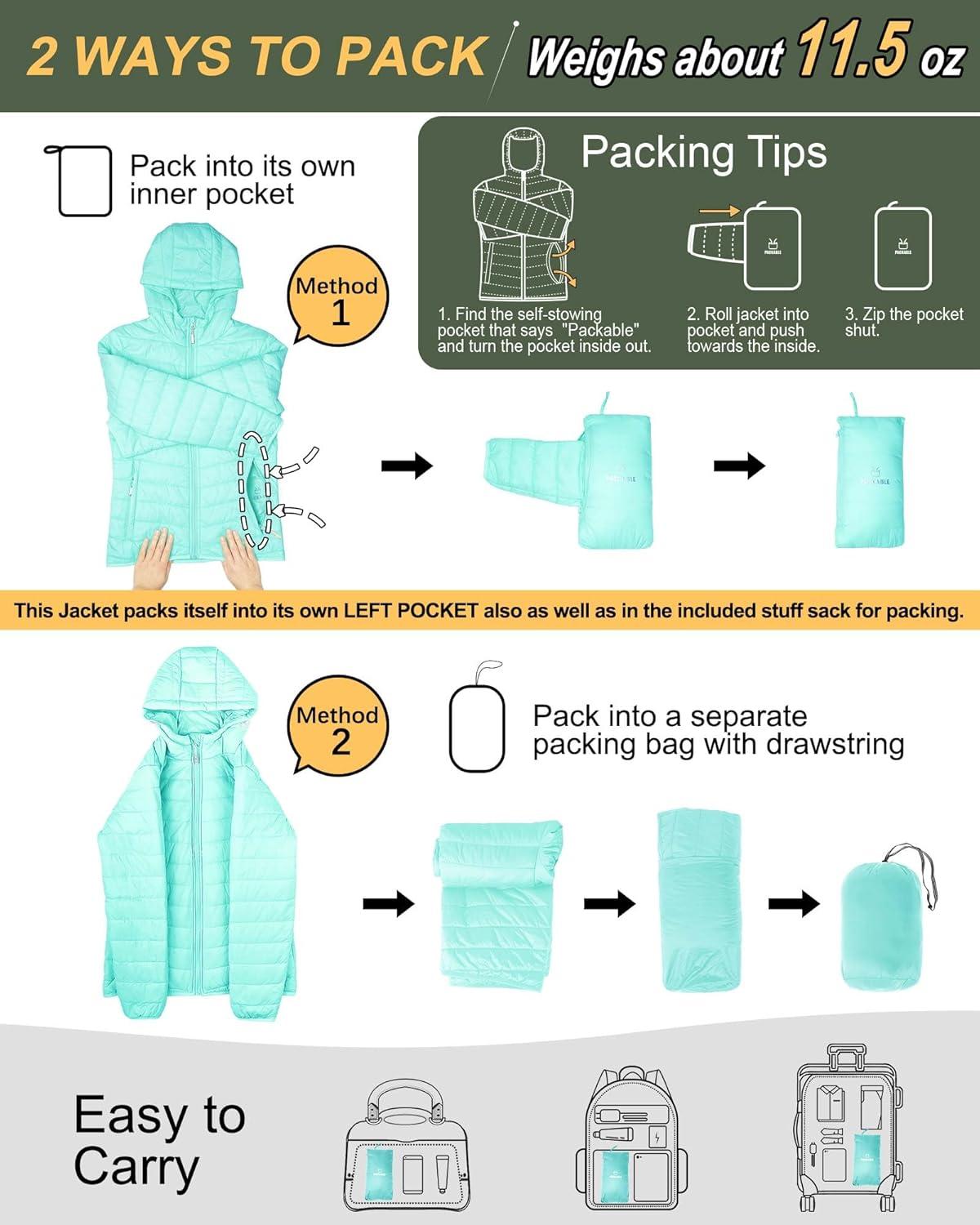 Outdoor Ventures Women’s Packable Lightweight Full-Zip Puffer Jacket with Hood Quilted Winter Coat(Light Blue(fold in Pocket))