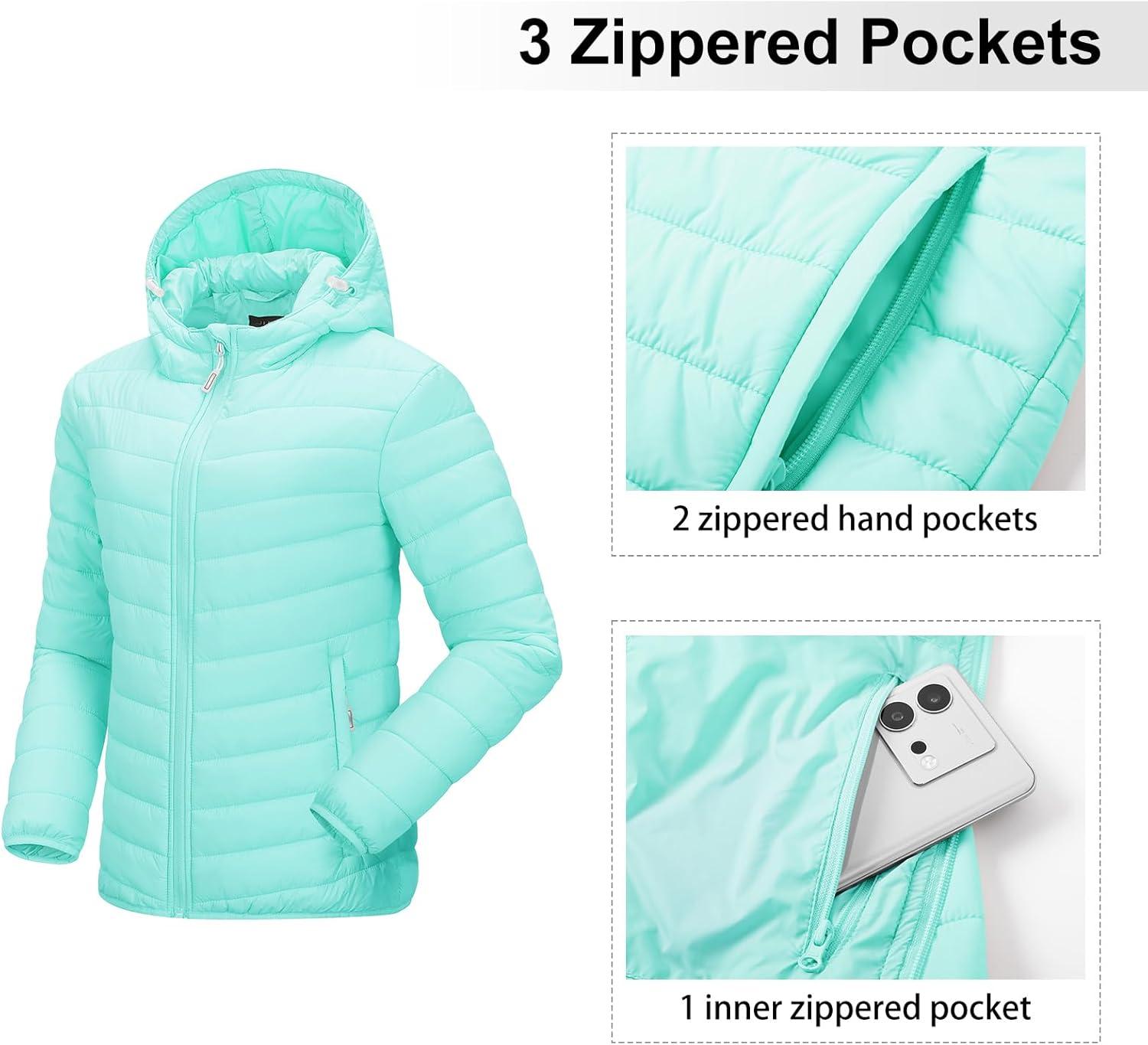 Outdoor Ventures Women’s Packable Lightweight Full-Zip Puffer Jacket with Hood Quilted Winter Coat(Light Blue(fold in Pocket))