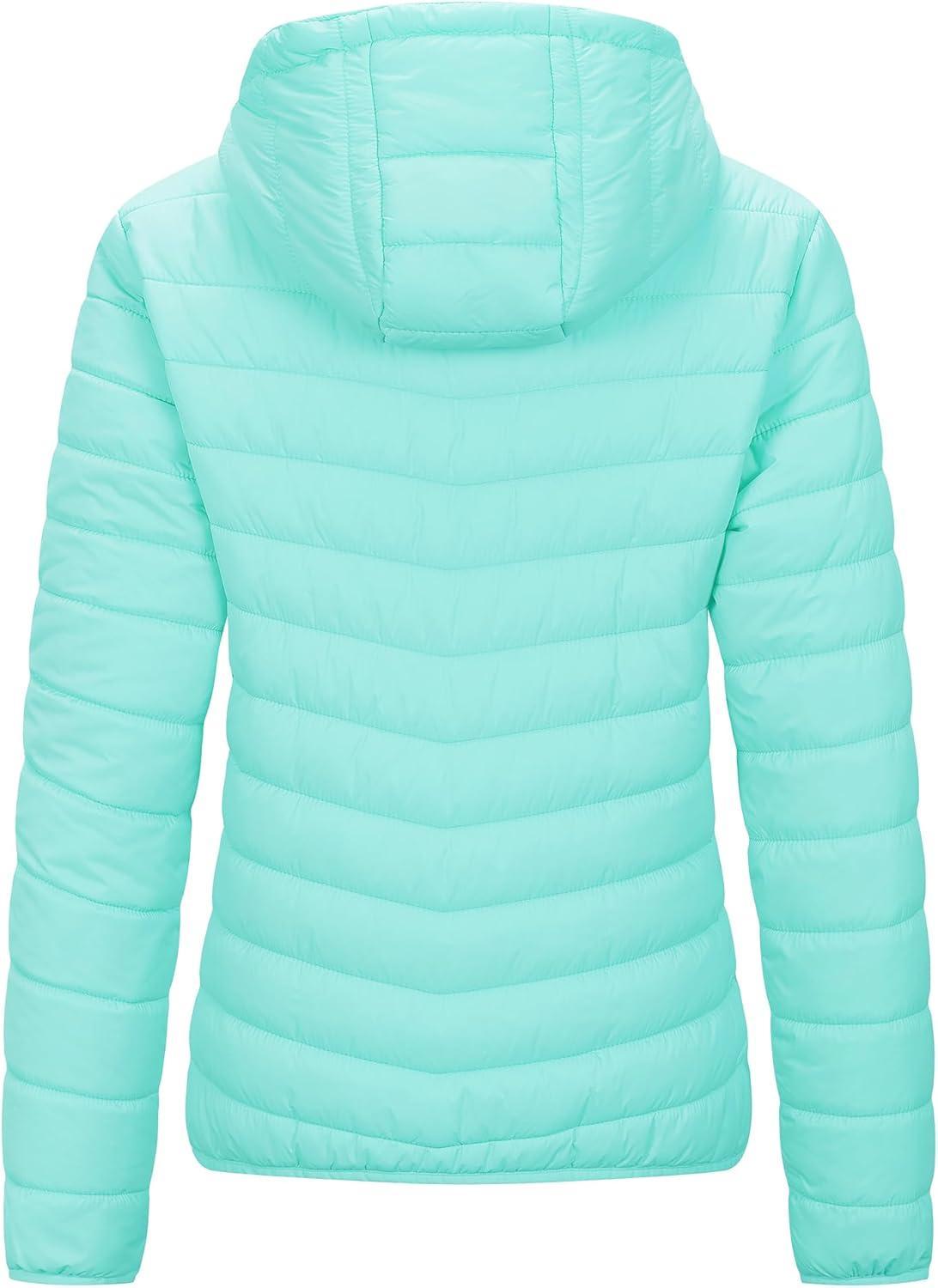 Outdoor Ventures Women’s Packable Lightweight Full-Zip Puffer Jacket with Hood Quilted Winter Coat(Light Blue(fold in Pocket))