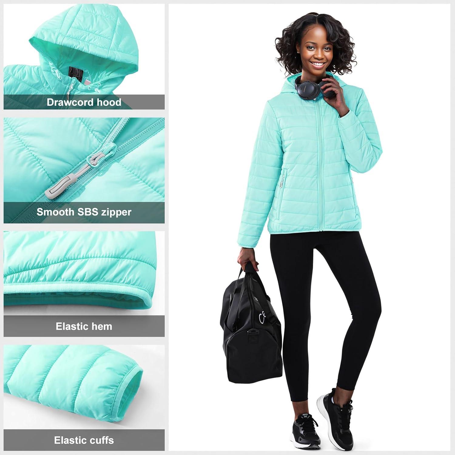 Outdoor Ventures Women’s Packable Lightweight Full-Zip Puffer Jacket with Hood Quilted Winter Coat(Light Blue(fold in Pocket))