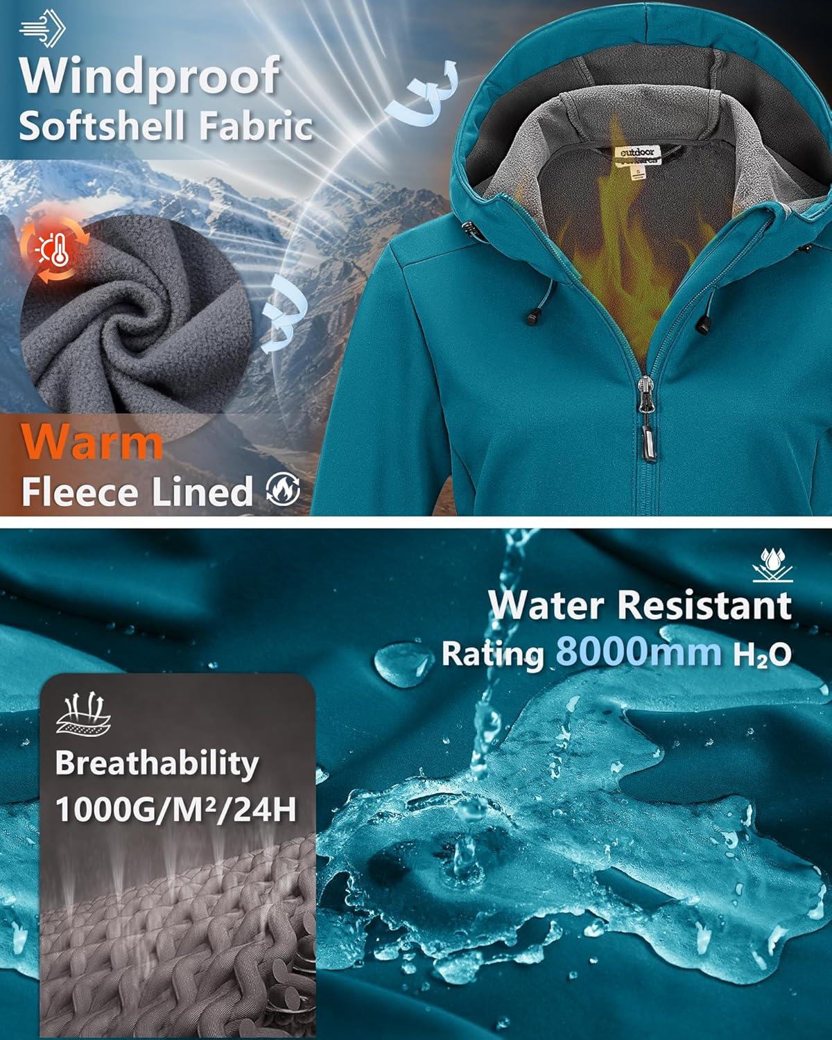 Outdoor Ventures Women’s Softshell Jacket Waterproof Warm Fleece Lined Lightweight Windproof Hooded Insulated Windbreaker(Dodger Blue)