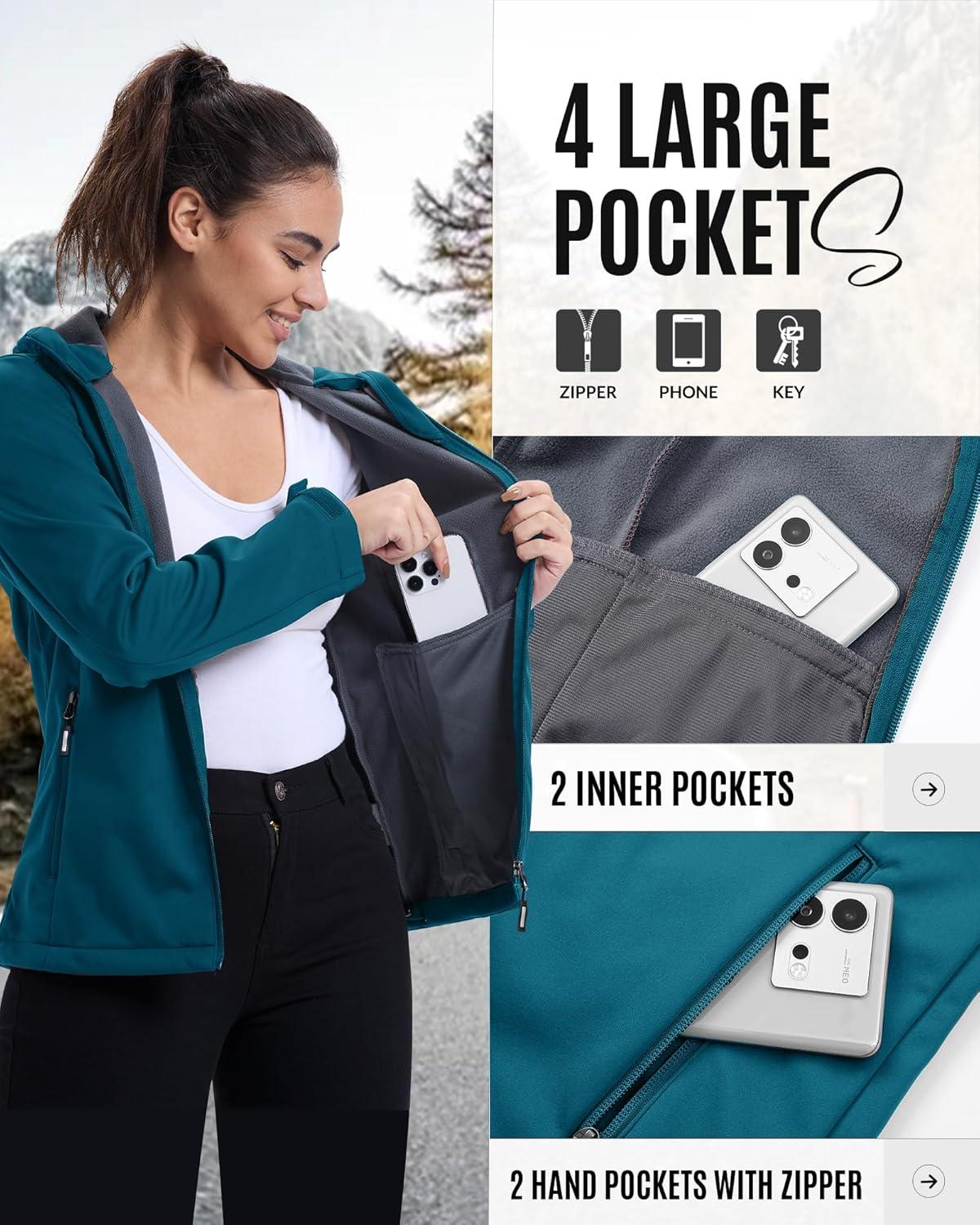 Outdoor Ventures Women’s Softshell Jacket Waterproof Warm Fleece Lined Lightweight Windproof Hooded Insulated Windbreaker(Dodger Blue)
