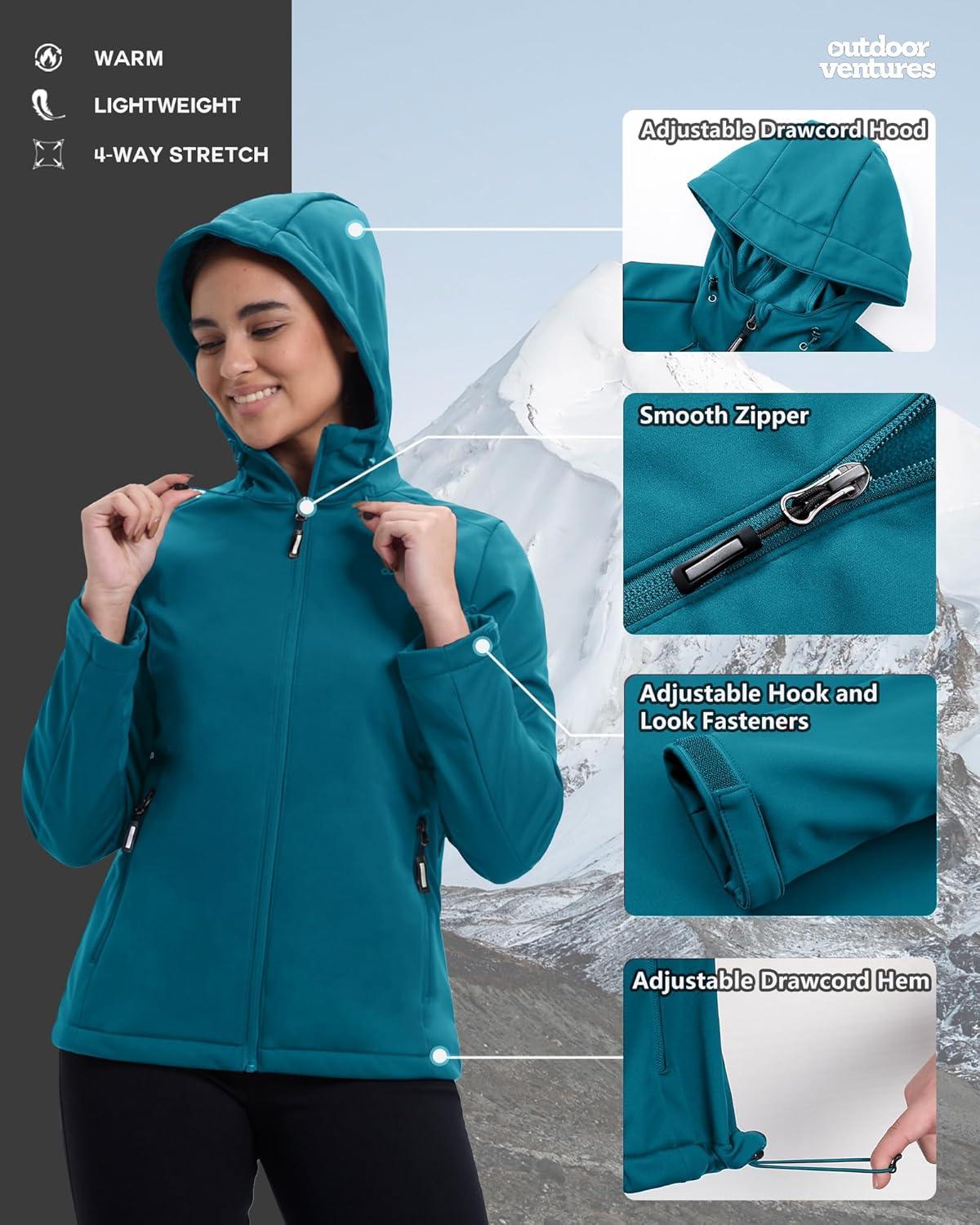 Outdoor Ventures Women’s Softshell Jacket Waterproof Warm Fleece Lined Lightweight Windproof Hooded Insulated Windbreaker(Dodger Blue)