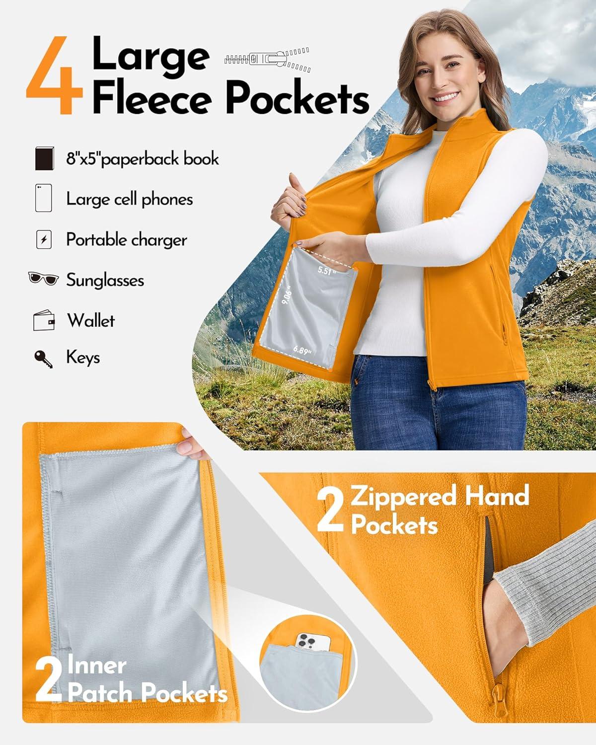 Outdoor Ventures Women’s Fleece Vest, Zip Up Lightweight Soft Running Vest Outerwear Sleeveless with Pockets(Yellow)