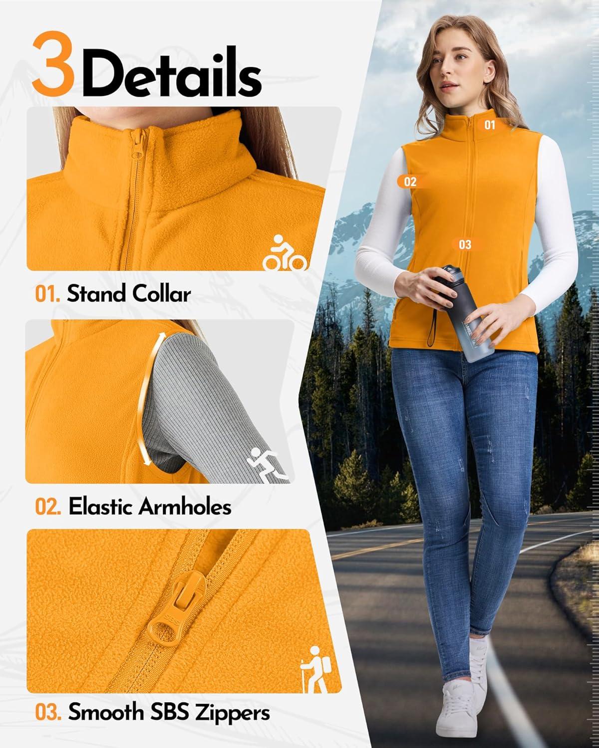 Outdoor Ventures Women’s Fleece Vest, Zip Up Lightweight Soft Running Vest Outerwear Sleeveless with Pockets(Yellow)