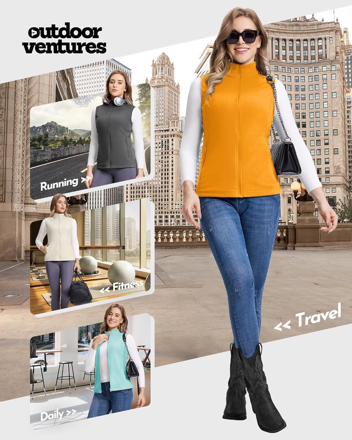 Outdoor Ventures Women’s Fleece Vest, Zip Up Lightweight Soft Running Vest Outerwear Sleeveless with Pockets(Yellow)