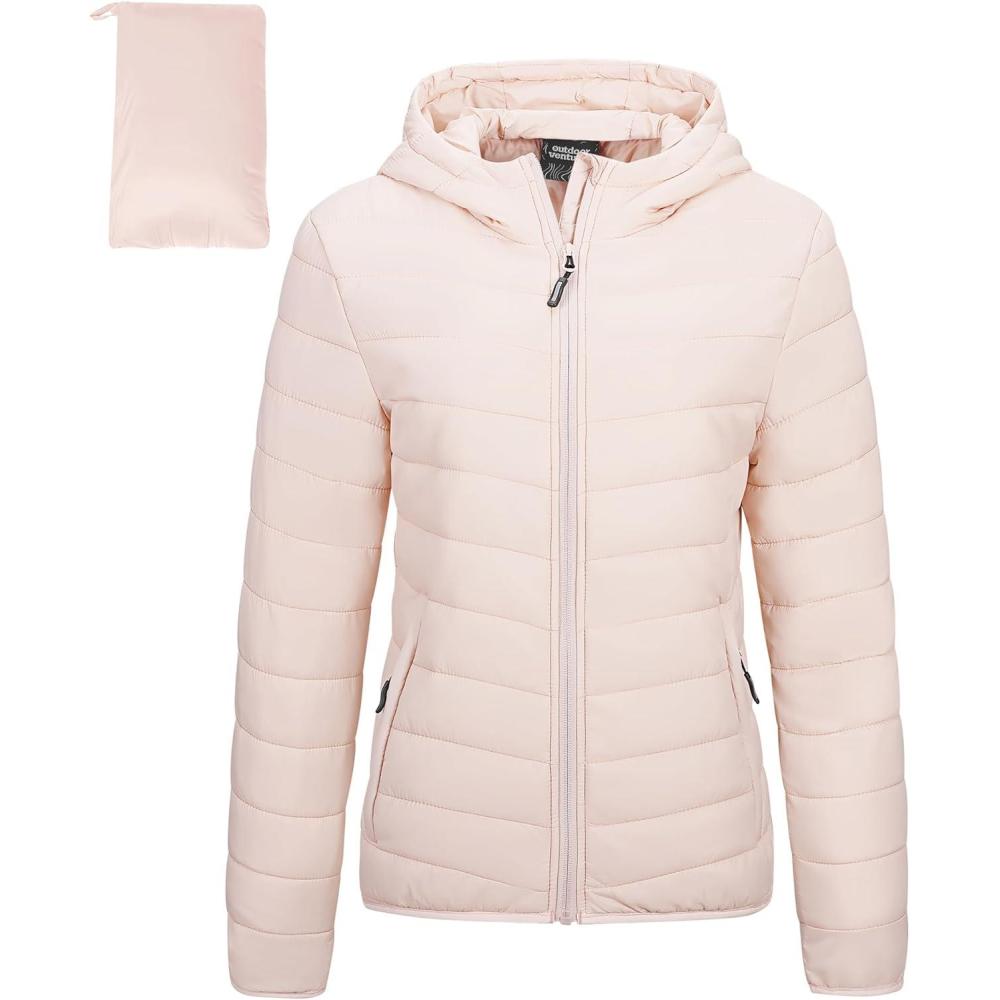 Outdoor Ventures Women’s Packable Lightweight Full-Zip Puffer Jacket with Hood Quilted Winter Coat(Pink(fold in Pocket))