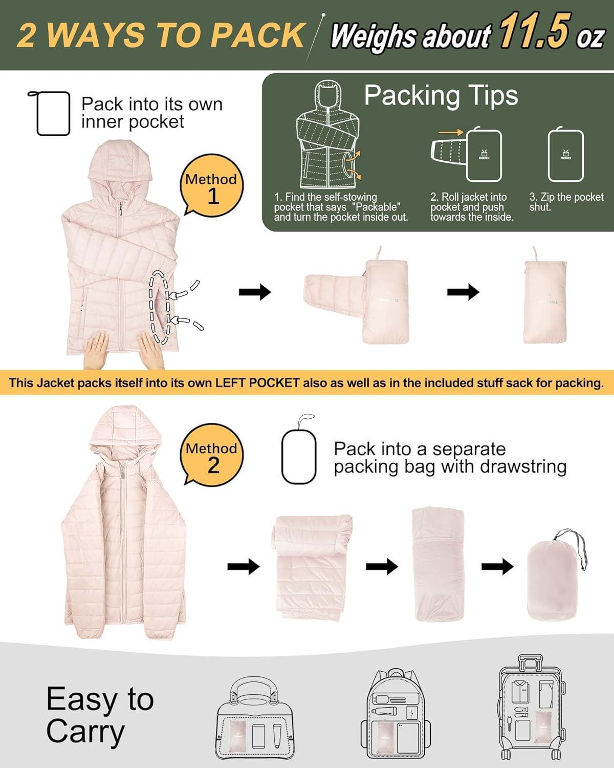 Outdoor Ventures Women’s Packable Lightweight Full-Zip Puffer Jacket with Hood Quilted Winter Coat(Pink(fold in Pocket))