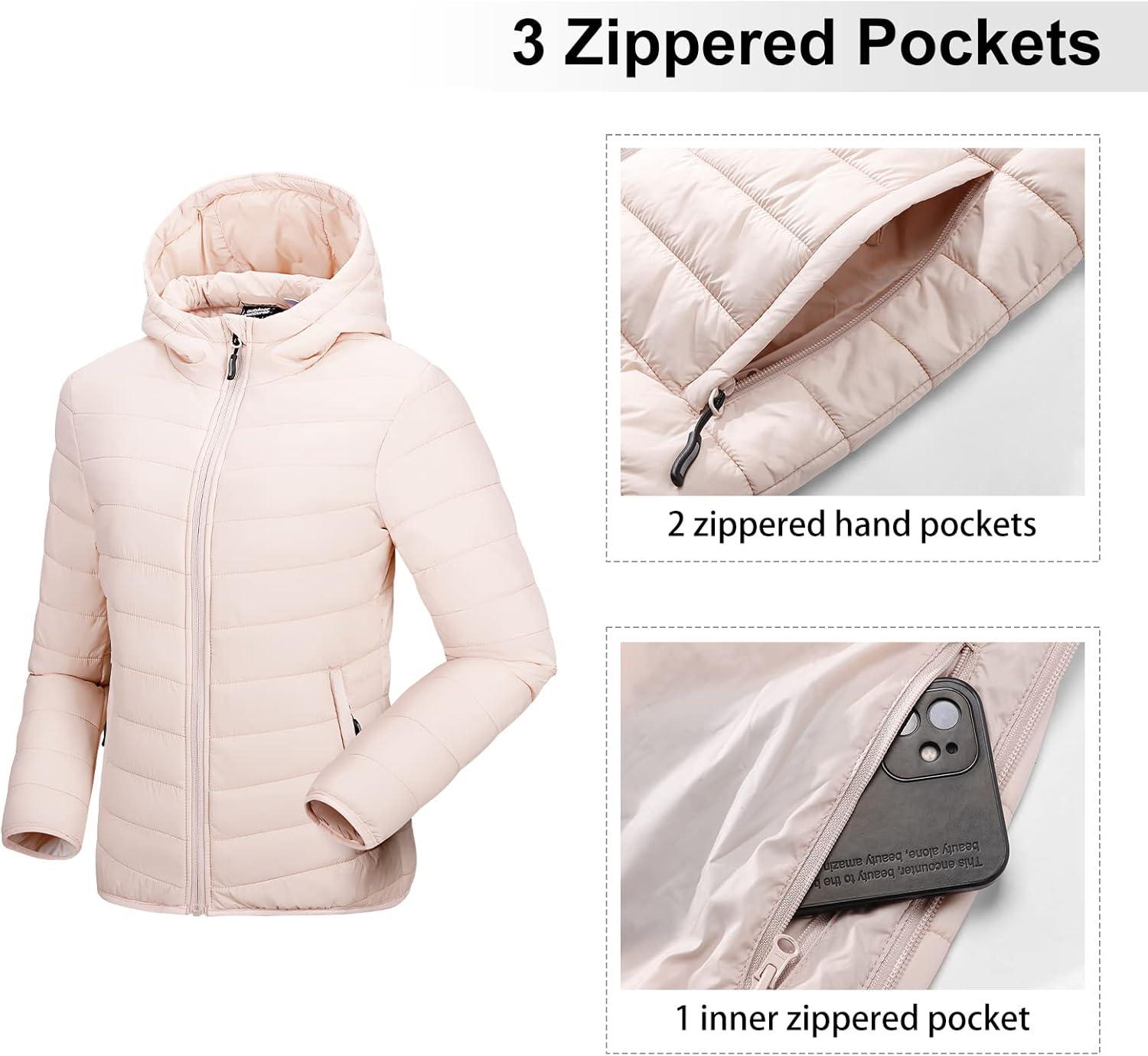 Outdoor Ventures Women’s Packable Lightweight Full-Zip Puffer Jacket with Hood Quilted Winter Coat(Pink(fold in Pocket))