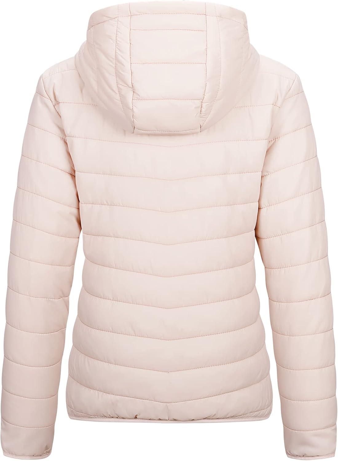 Outdoor Ventures Women’s Packable Lightweight Full-Zip Puffer Jacket with Hood Quilted Winter Coat(Pink(fold in Pocket))
