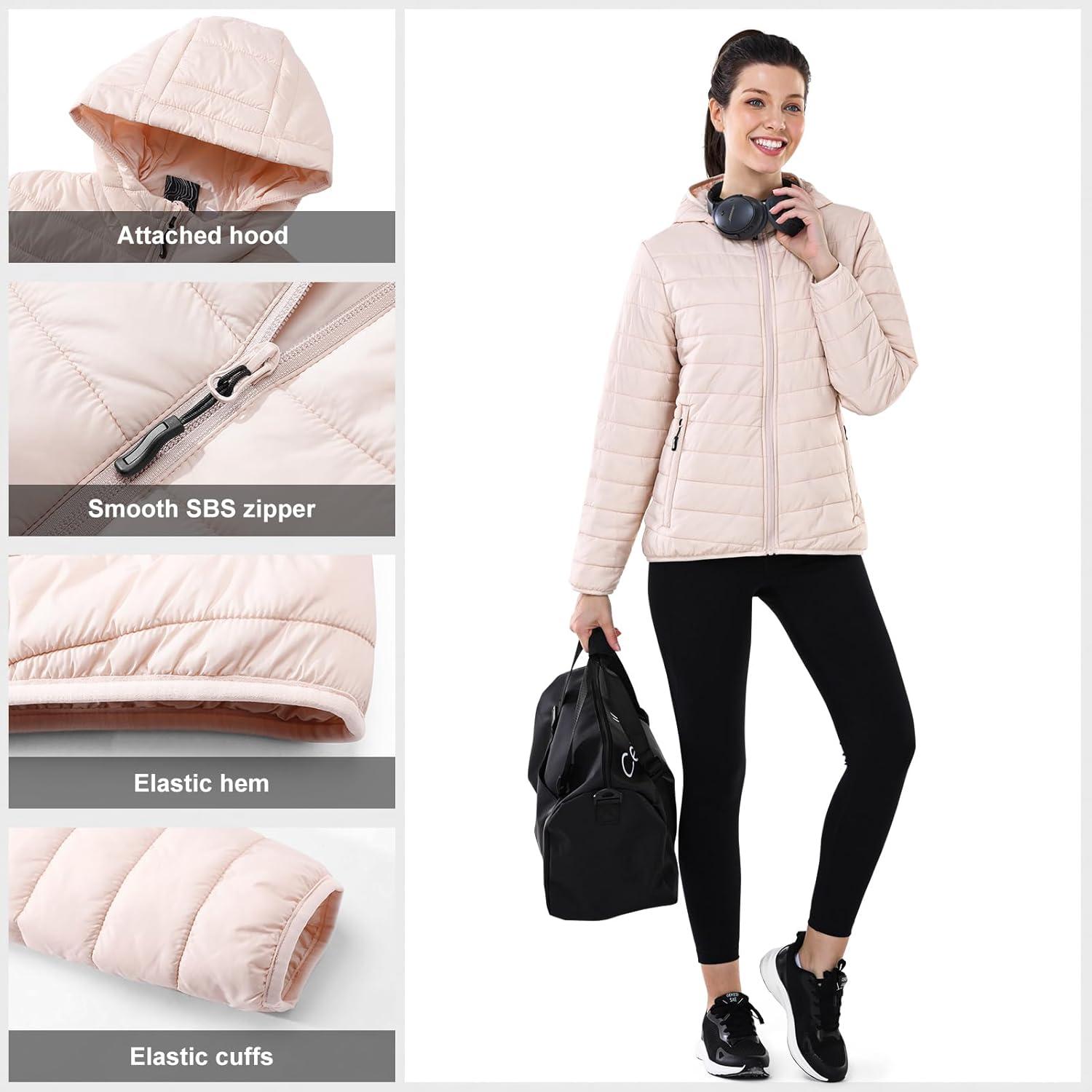 Outdoor Ventures Women’s Packable Lightweight Full-Zip Puffer Jacket with Hood Quilted Winter Coat(Pink(fold in Pocket))