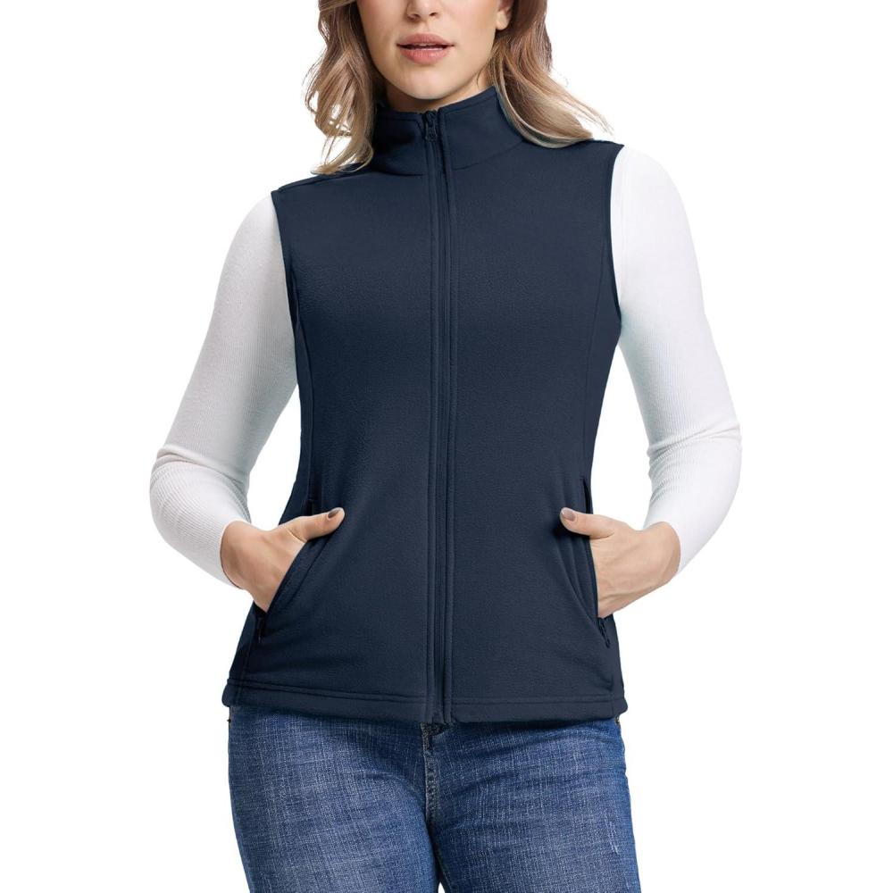 Outdoor Ventures Women’s Fleece Vest, Zip Up Lightweight Soft Running Vest Outerwear Sleeveless with Pockets(Dark Blue)