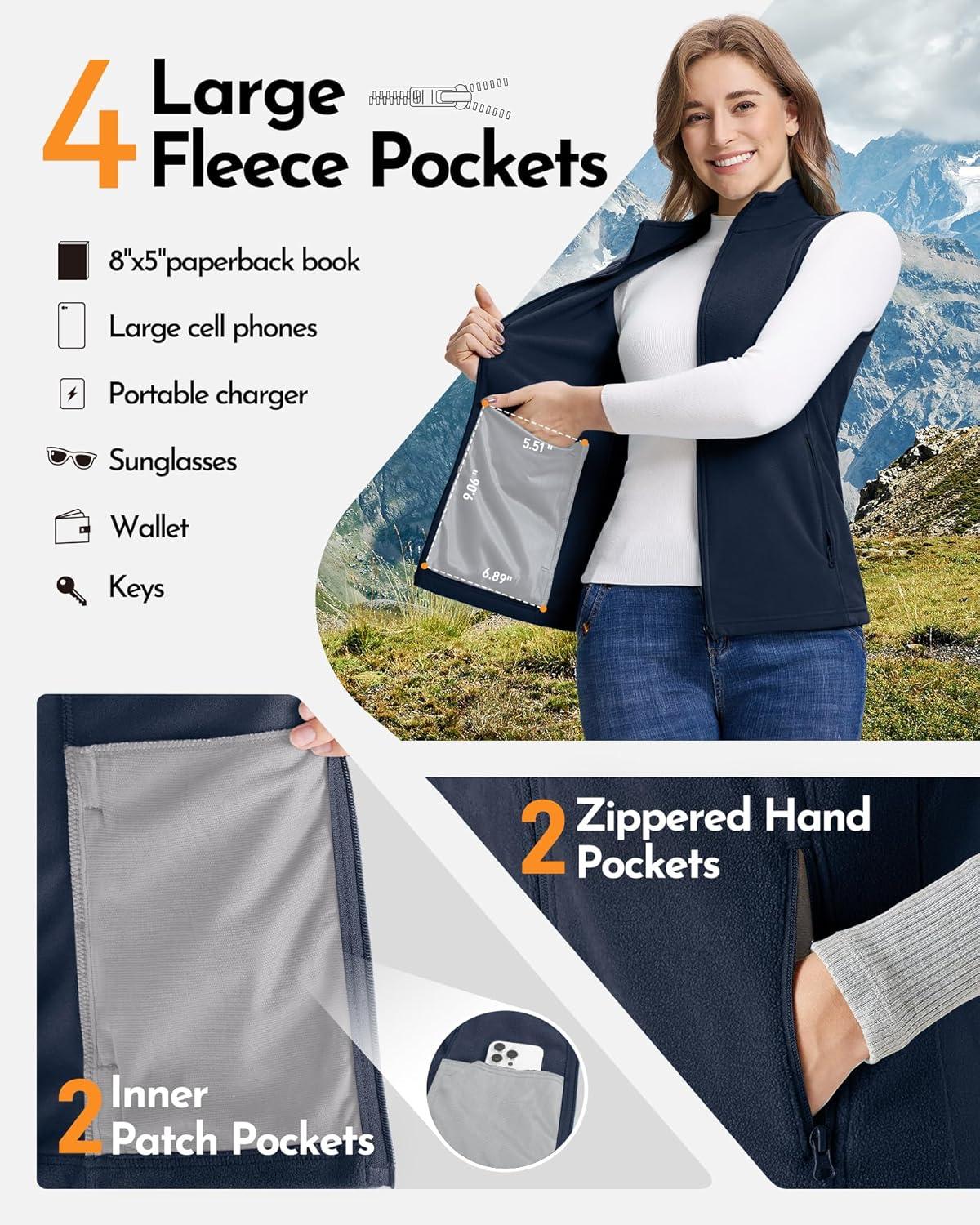 Outdoor Ventures Women’s Fleece Vest, Zip Up Lightweight Soft Running Vest Outerwear Sleeveless with Pockets(Dark Blue)