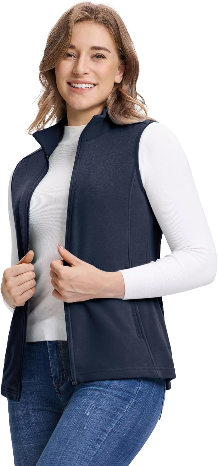 Outdoor Ventures Women’s Fleece Vest, Zip Up Lightweight Soft Running Vest Outerwear Sleeveless with Pockets(Dark Blue)