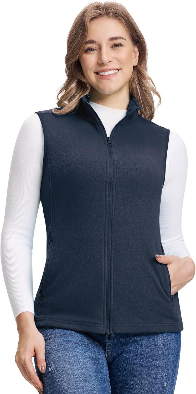 Outdoor Ventures Women’s Fleece Vest, Zip Up Lightweight Soft Running Vest Outerwear Sleeveless with Pockets(Dark Blue)