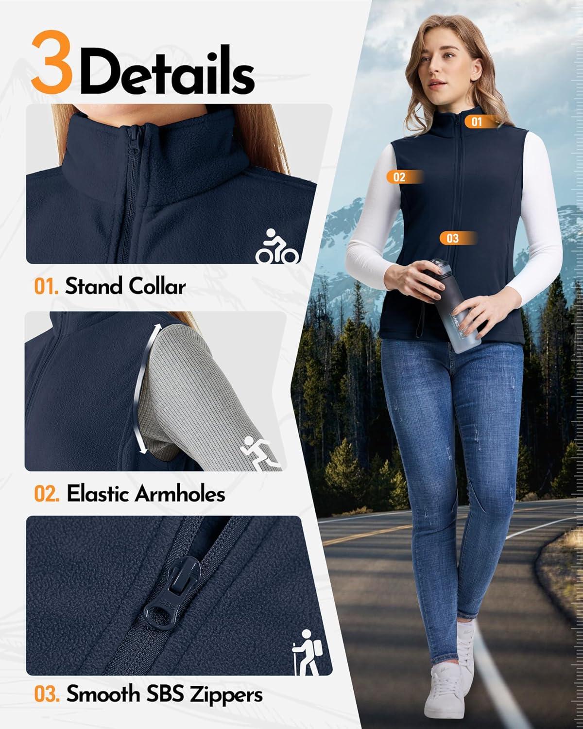 Outdoor Ventures Women’s Fleece Vest, Zip Up Lightweight Soft Running Vest Outerwear Sleeveless with Pockets(Dark Blue)