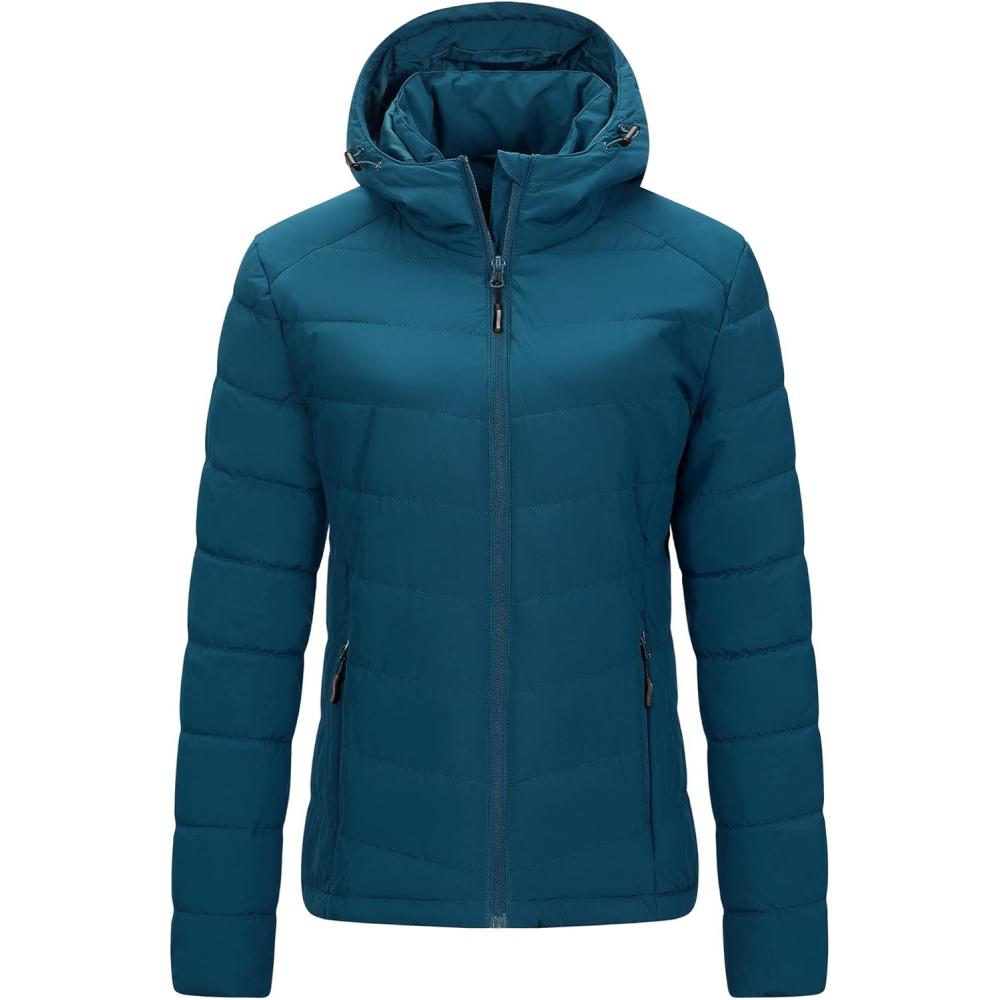 Outdoor Ventures Women’s Hooded Puffer Jacket Waterproof Lightweight Full-Zip Warm Quilted Winter Coat(Modern Blue)