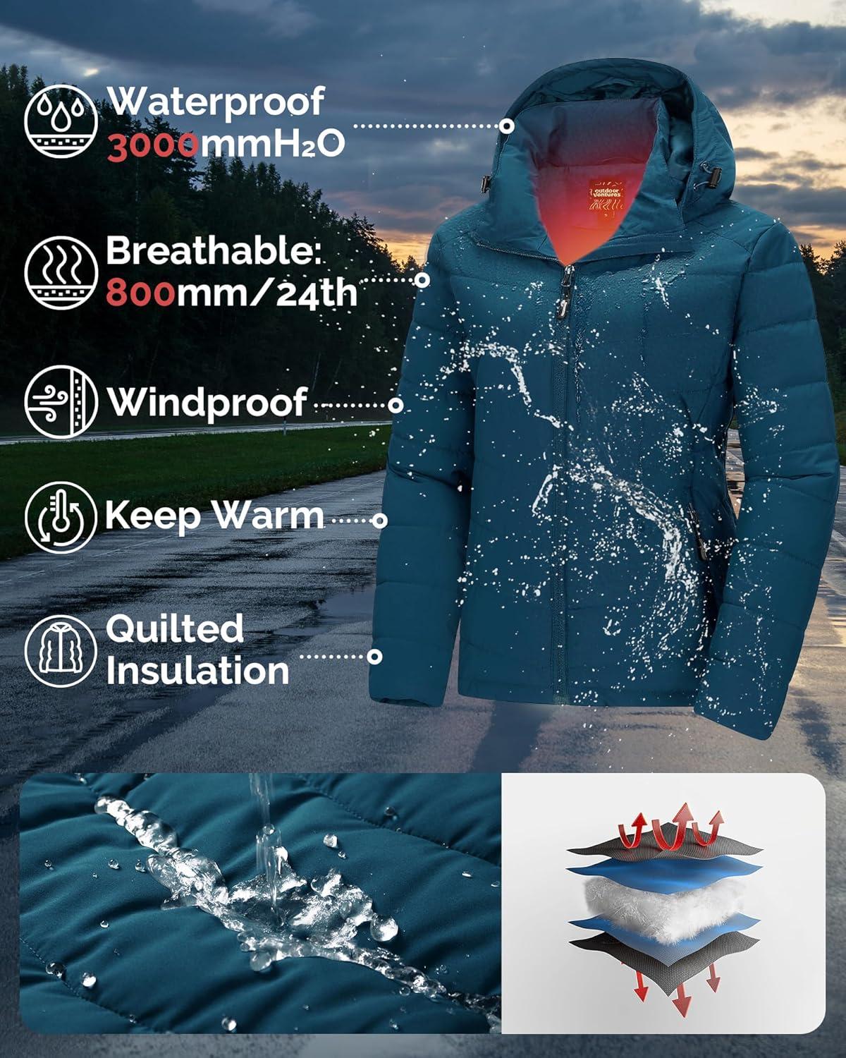 Outdoor Ventures Women’s Hooded Puffer Jacket Waterproof Lightweight Full-Zip Warm Quilted Winter Coat(Modern Blue)