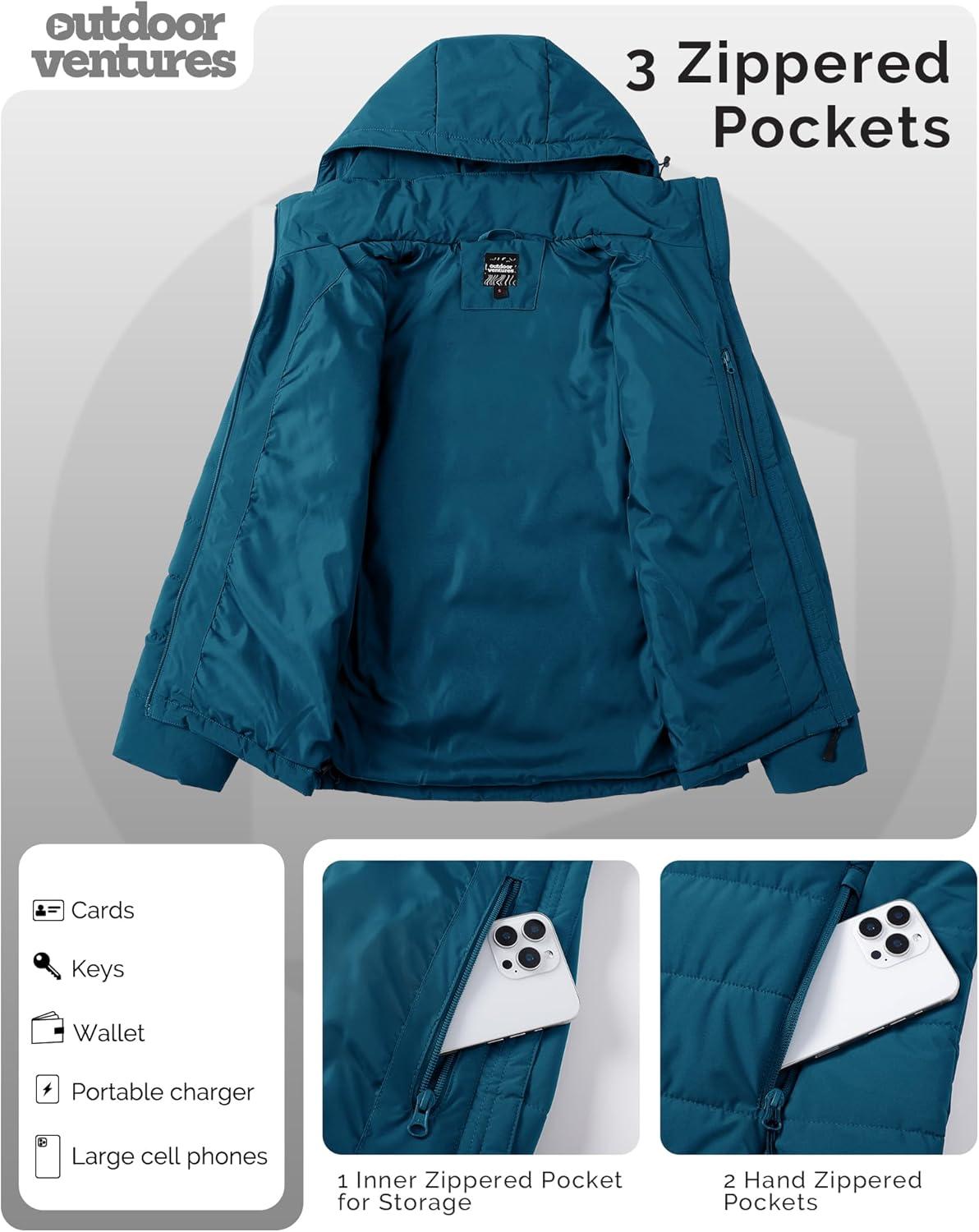 Outdoor Ventures Women’s Hooded Puffer Jacket Waterproof Lightweight Full-Zip Warm Quilted Winter Coat(Modern Blue)