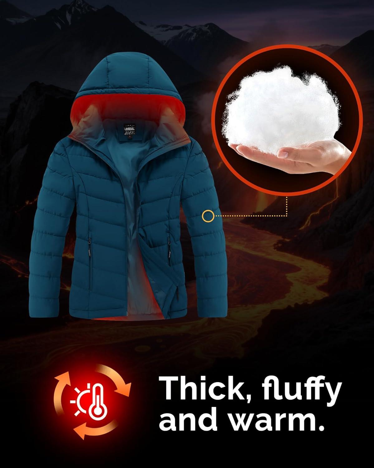 Outdoor Ventures Women’s Hooded Puffer Jacket Waterproof Lightweight Full-Zip Warm Quilted Winter Coat(Modern Blue)