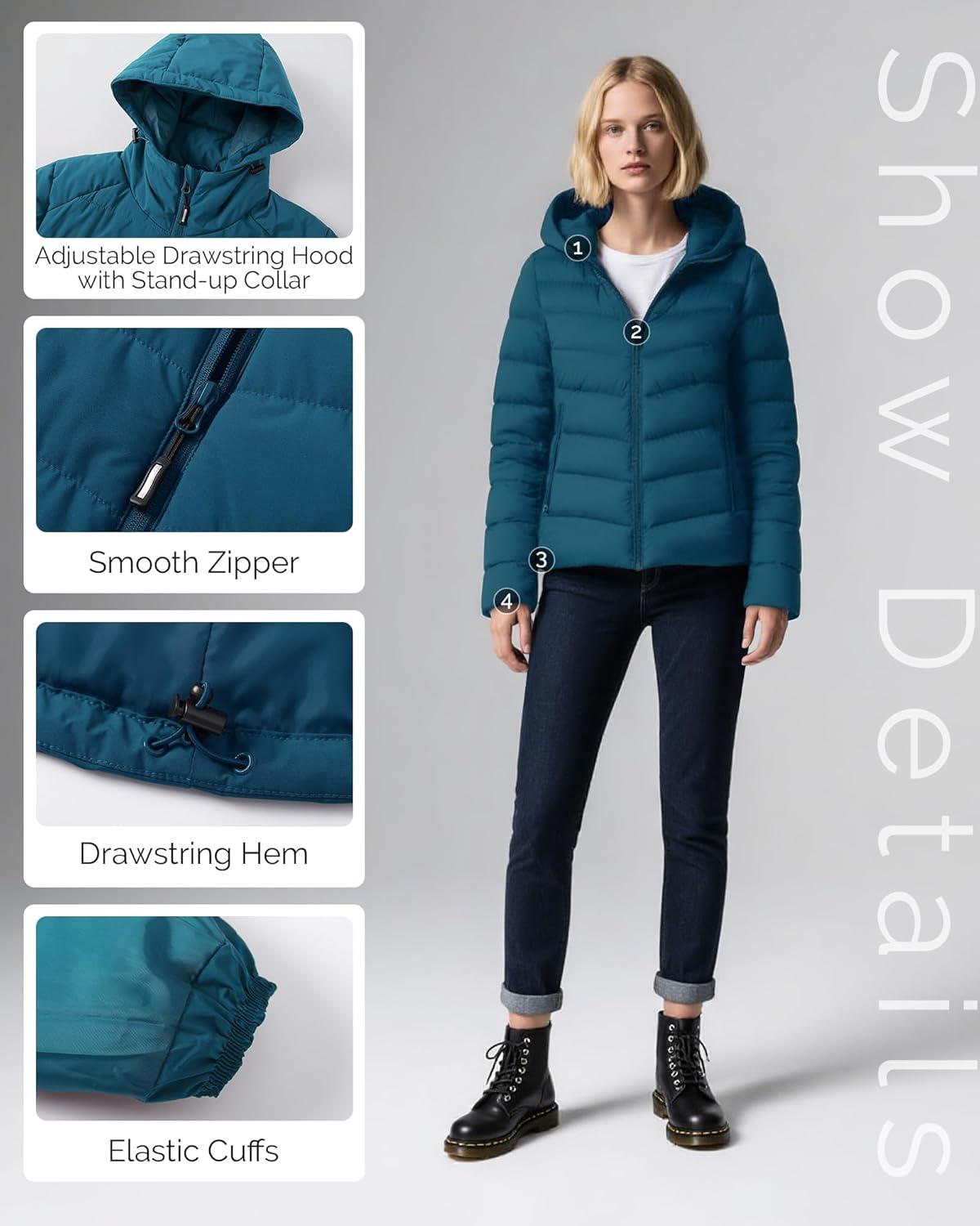 Outdoor Ventures Women’s Hooded Puffer Jacket Waterproof Lightweight Full-Zip Warm Quilted Winter Coat(Modern Blue)