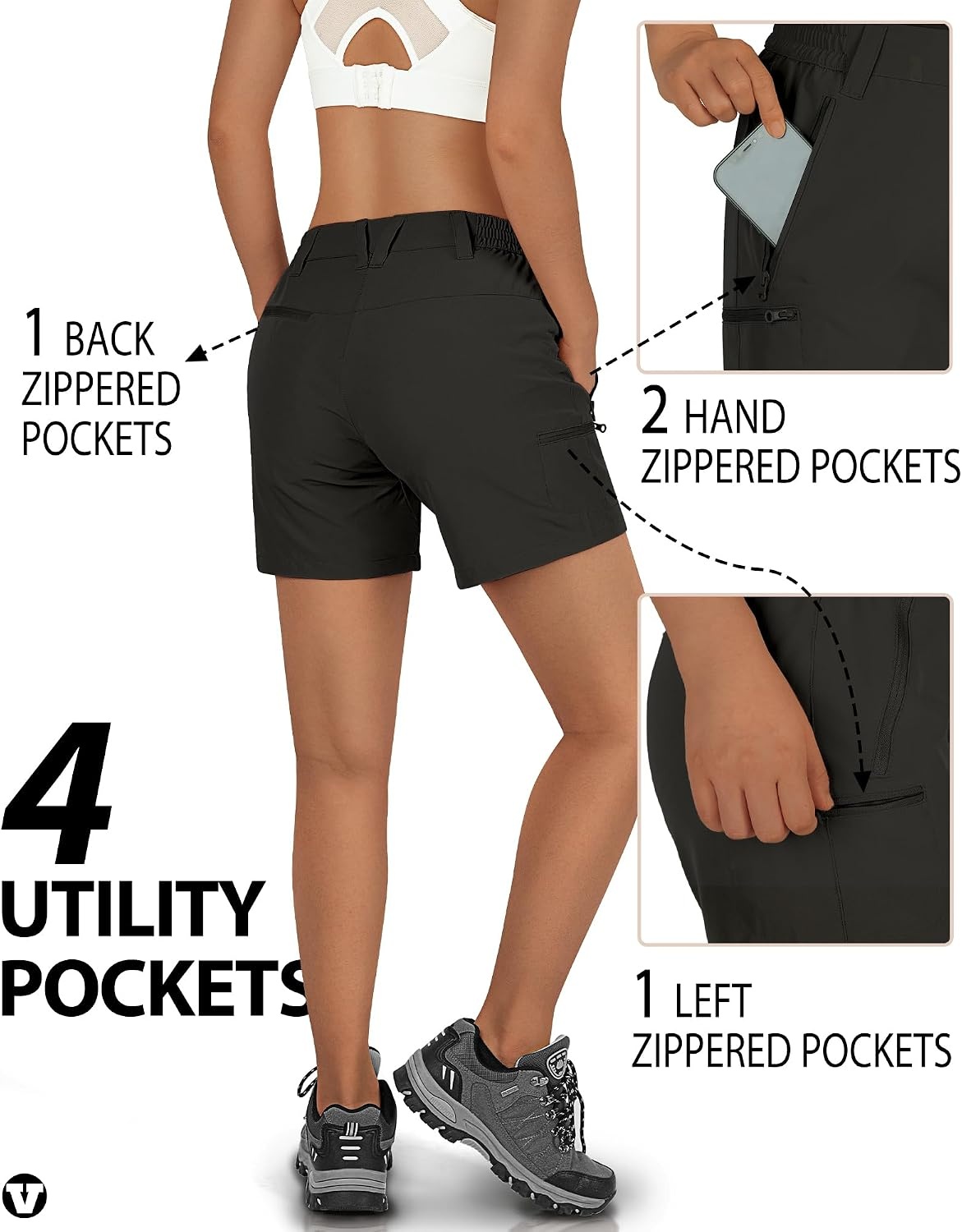 Outdoor Ventures Women’s Hiking Shorts 5 Inch Golf Stretch Quick Dry Cargo(Dark Black)