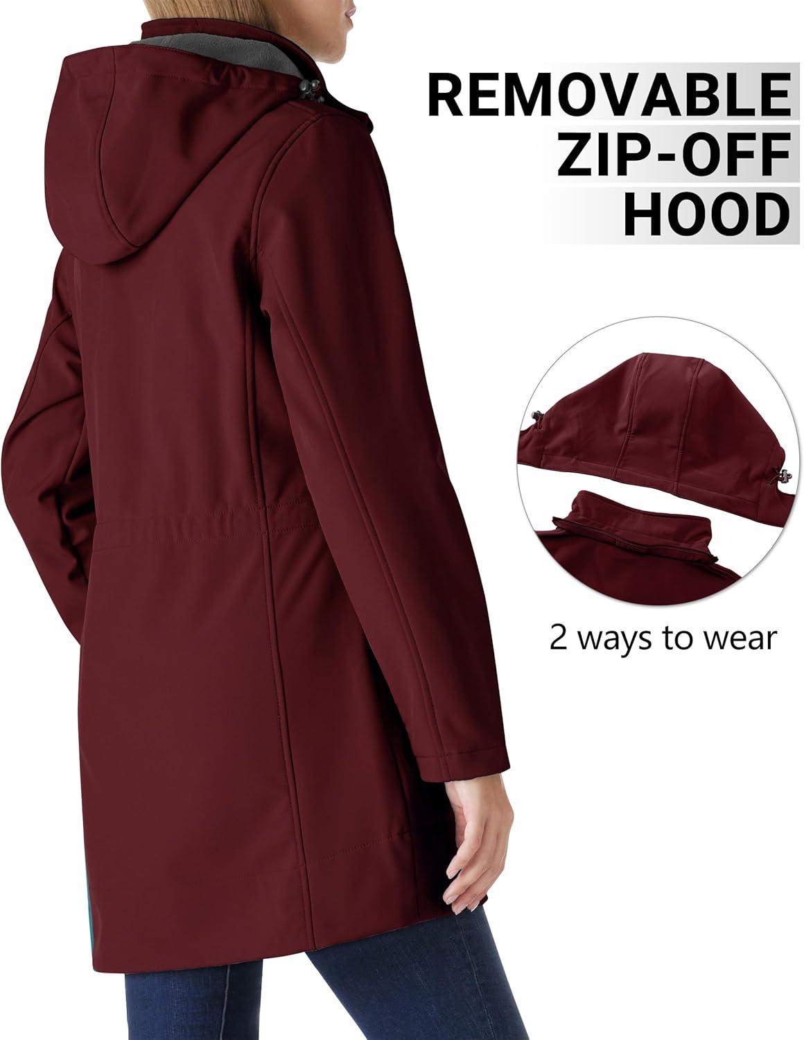 Outdoor Ventures Women’s Softshell Jacket with Removable Hood Fleece Lined Windbreaker Insulated Long Warm Rain Jacket(Wine)