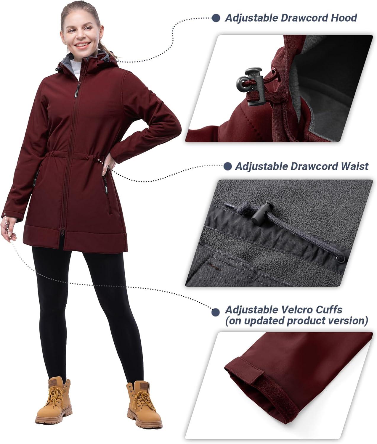 Outdoor Ventures Women’s Softshell Jacket with Removable Hood Fleece Lined Windbreaker Insulated Long Warm Rain Jacket(Wine)