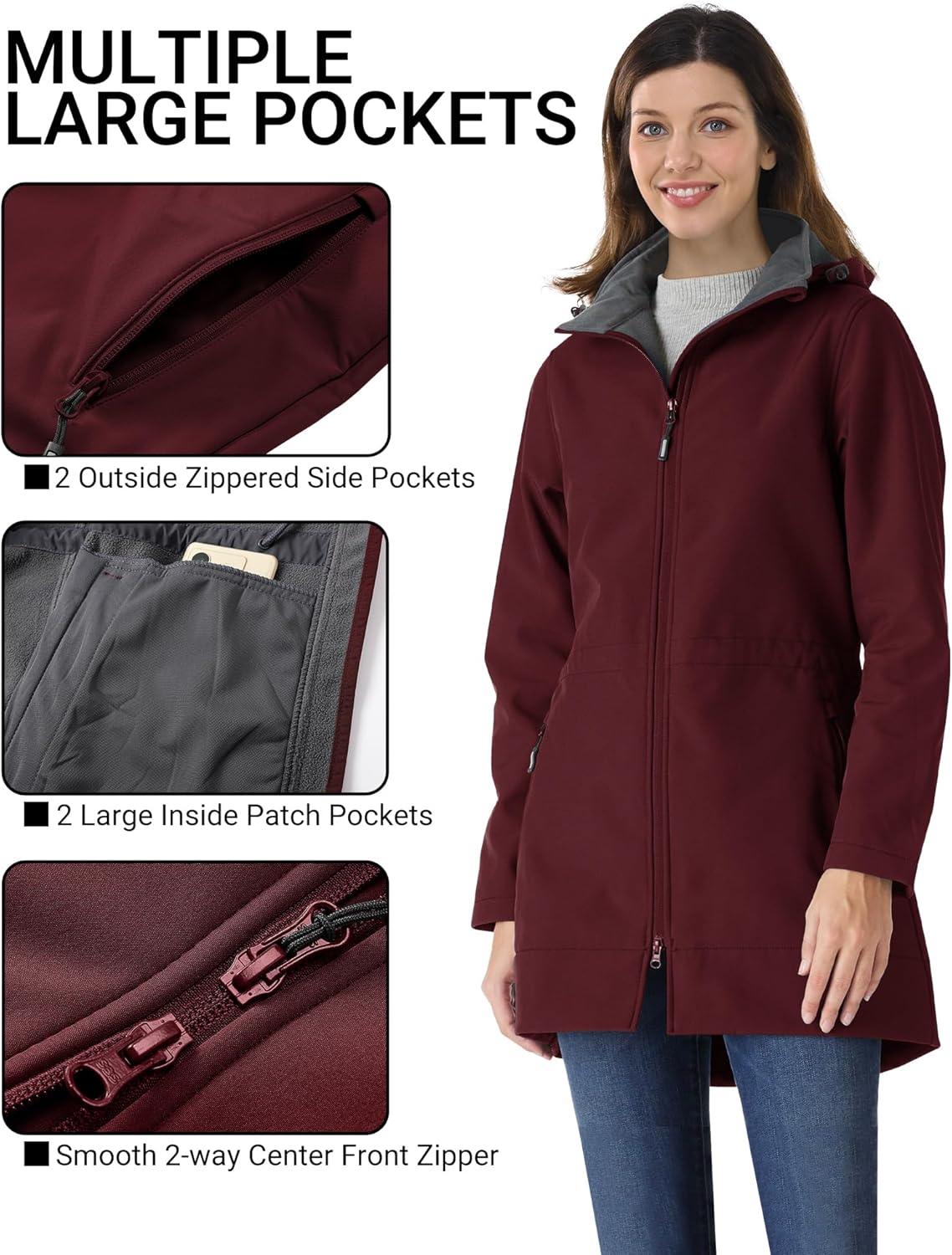 Outdoor Ventures Women’s Softshell Jacket with Removable Hood Fleece Lined Windbreaker Insulated Long Warm Rain Jacket(Wine)