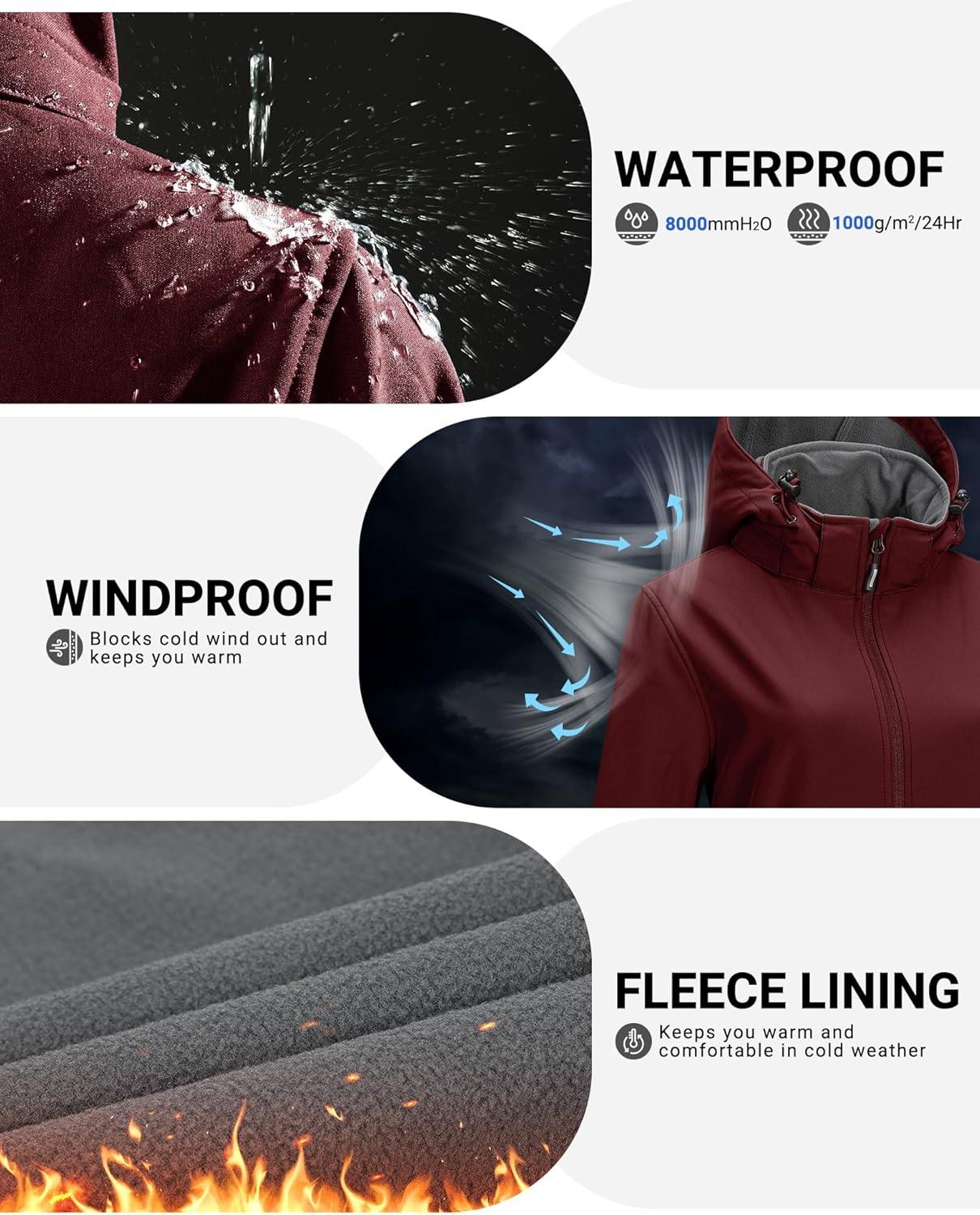 Outdoor Ventures Women’s Softshell Jacket with Removable Hood Fleece Lined Windbreaker Insulated Long Warm Rain Jacket(Wine)