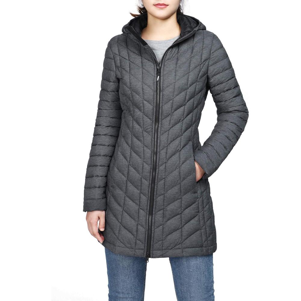 Outdoor Ventures Women’s Maryan Hooded Ultra Lightweight Warm Thermolite Long Puffer Coat(Dark Grey Marl(matte)-avg.32″ Mid Length)