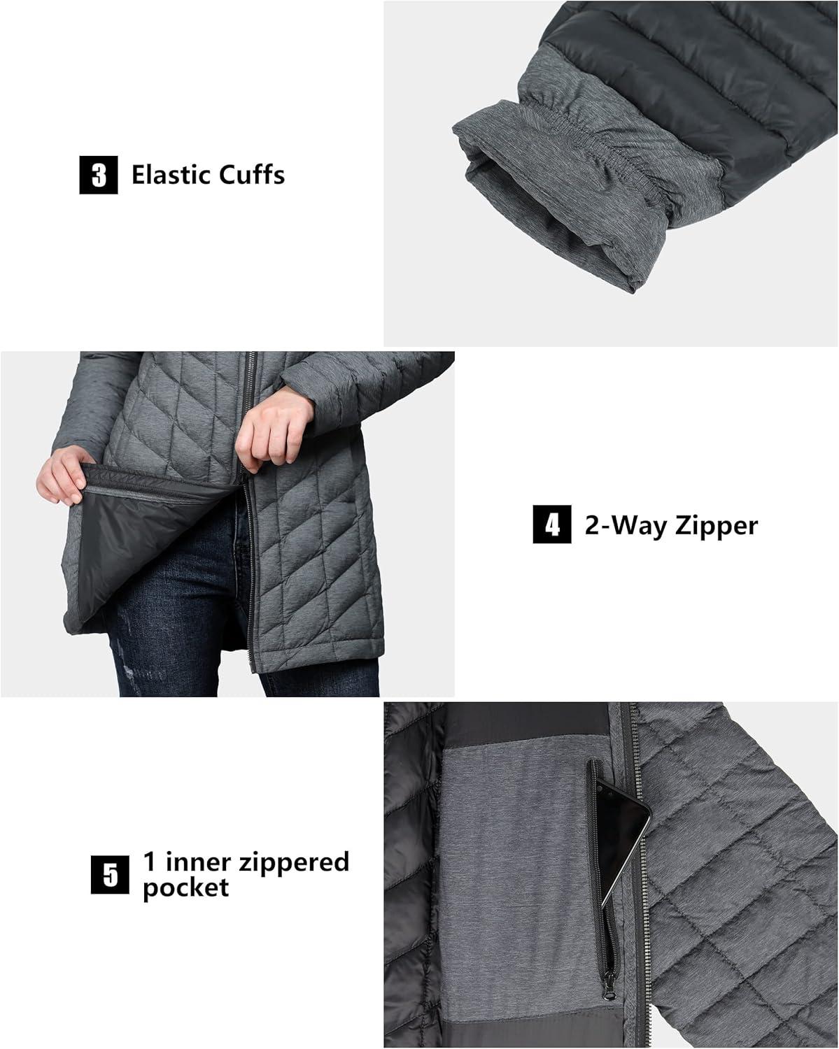 Outdoor Ventures Women’s Maryan Hooded Ultra Lightweight Warm Thermolite Long Puffer Coat(Dark Grey Marl(matte)-avg.32″ Mid Length)
