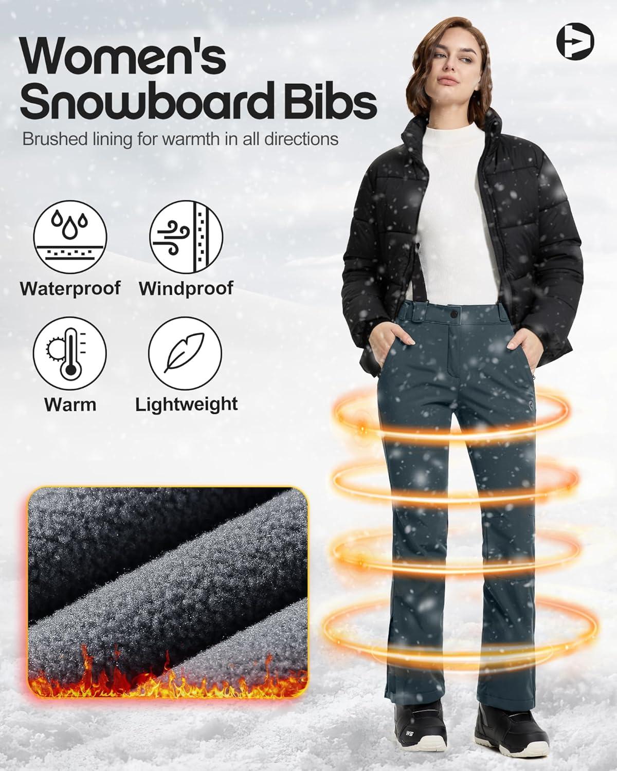 Outdoor Ventures Women’s Ski Snow Bib Pants Warm Insulated Waterproof Snowboard Softshell Pants with Detachable Bib(Dim Grey)