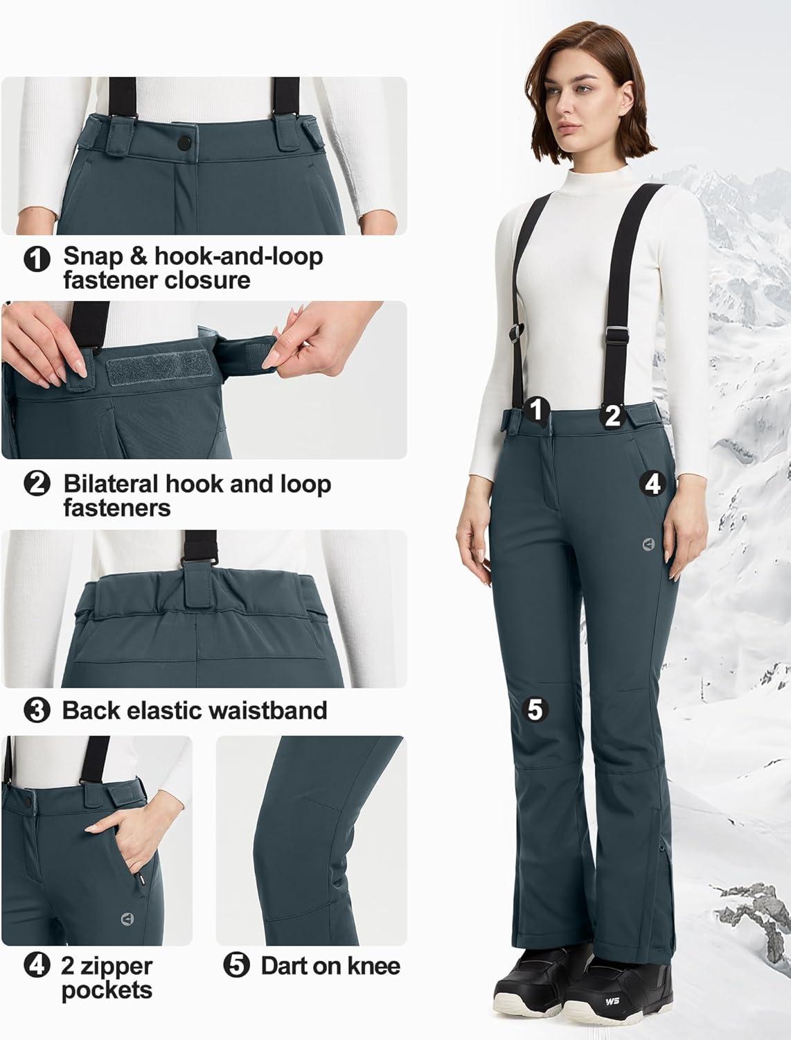 Outdoor Ventures Women’s Ski Snow Bib Pants Warm Insulated Waterproof Snowboard Softshell Pants with Detachable Bib(Dim Grey)