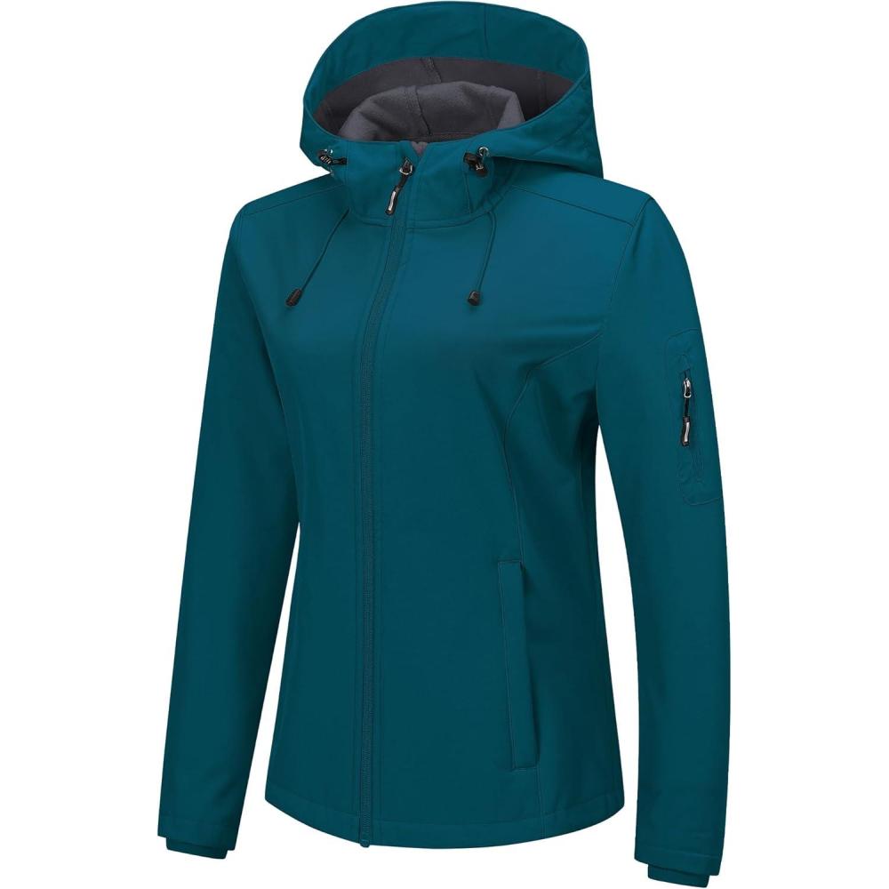 Outdoor Ventures Women’s Softshell Jacket with Hood Fleece Lined Warm Lightweight Waterproof Insulated Windbreaker(Blue)
